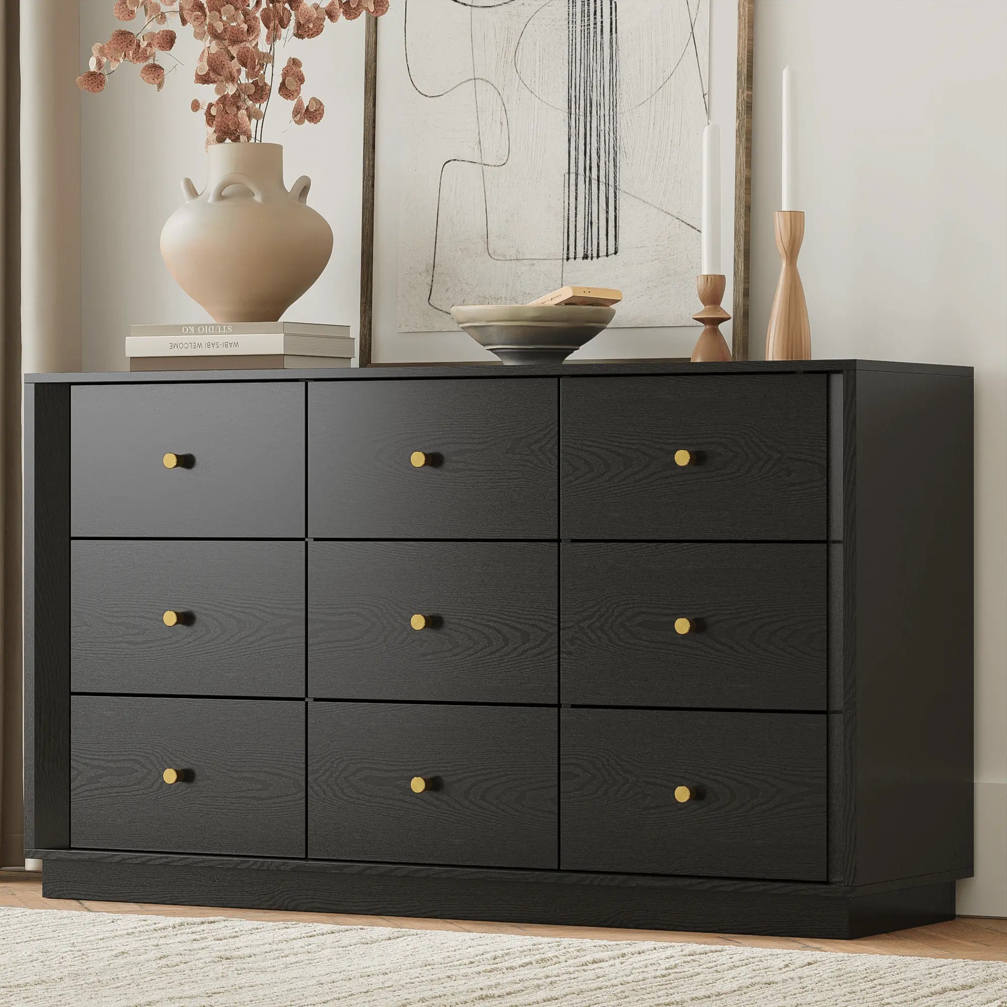 FORTUNETECMid - Century Modern Black 9 - Drawer Dresser