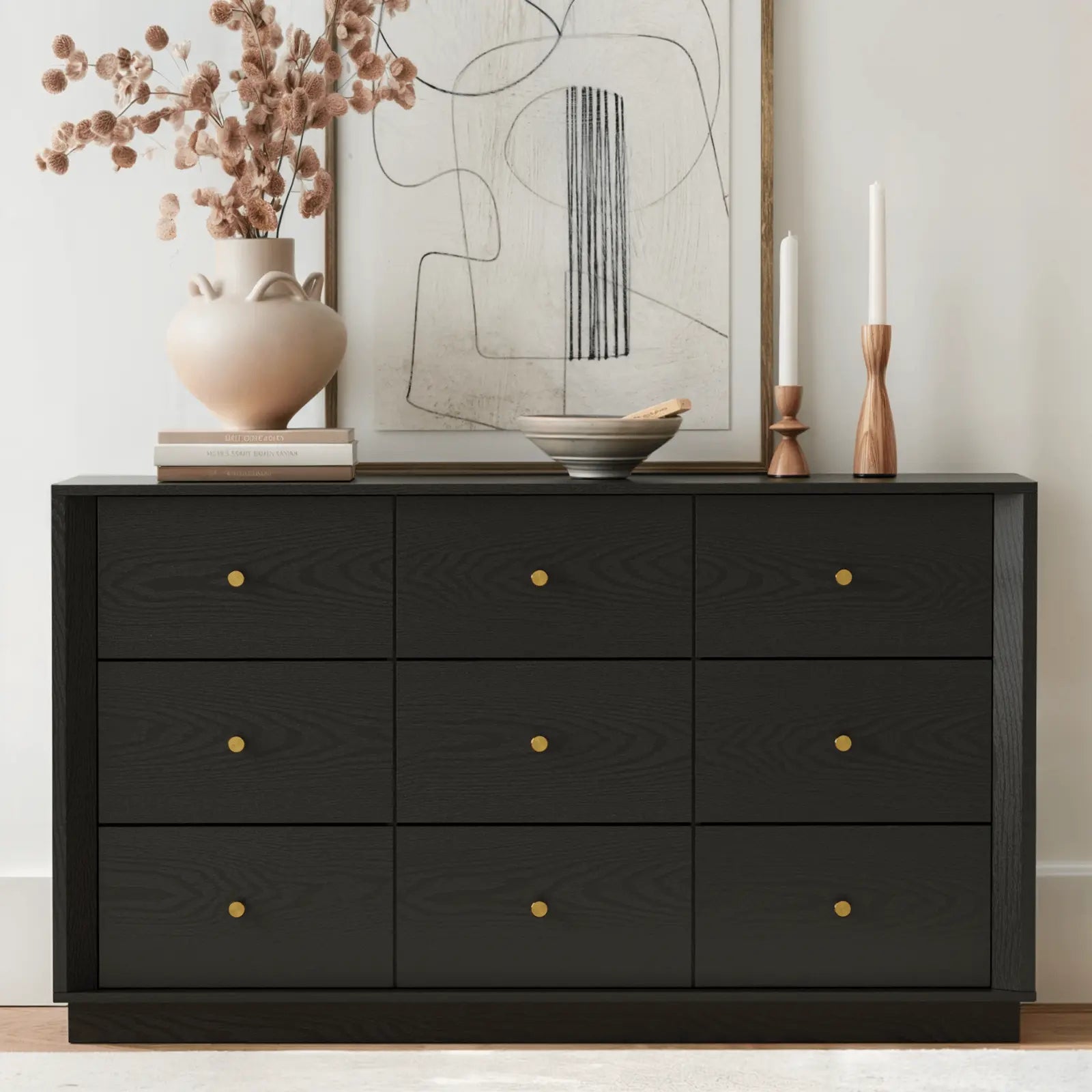 FORTUNETECMid - Century Modern Black 9 - Drawer Dresser