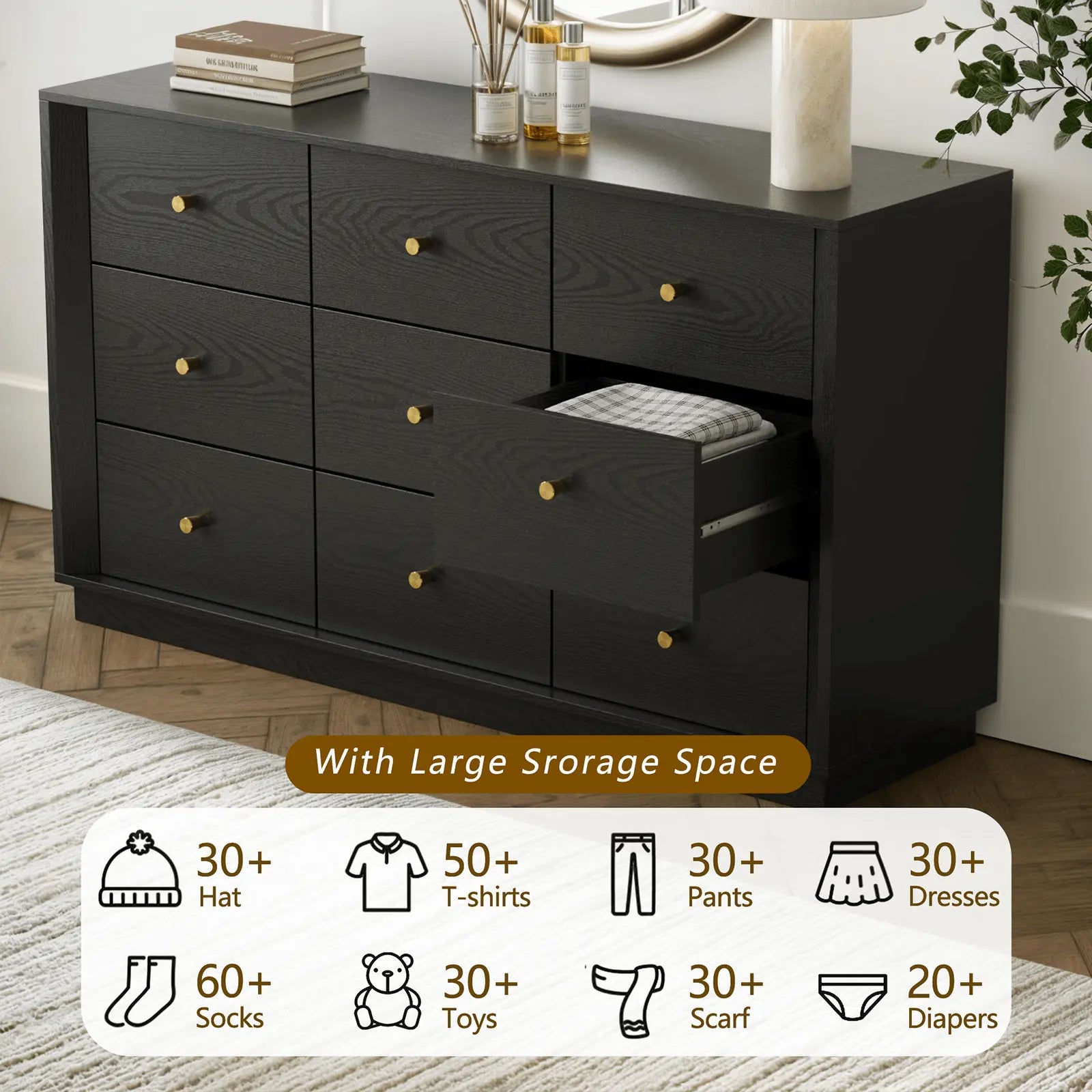 FORTUNETECMid - Century Modern Black 9 - Drawer Dresser