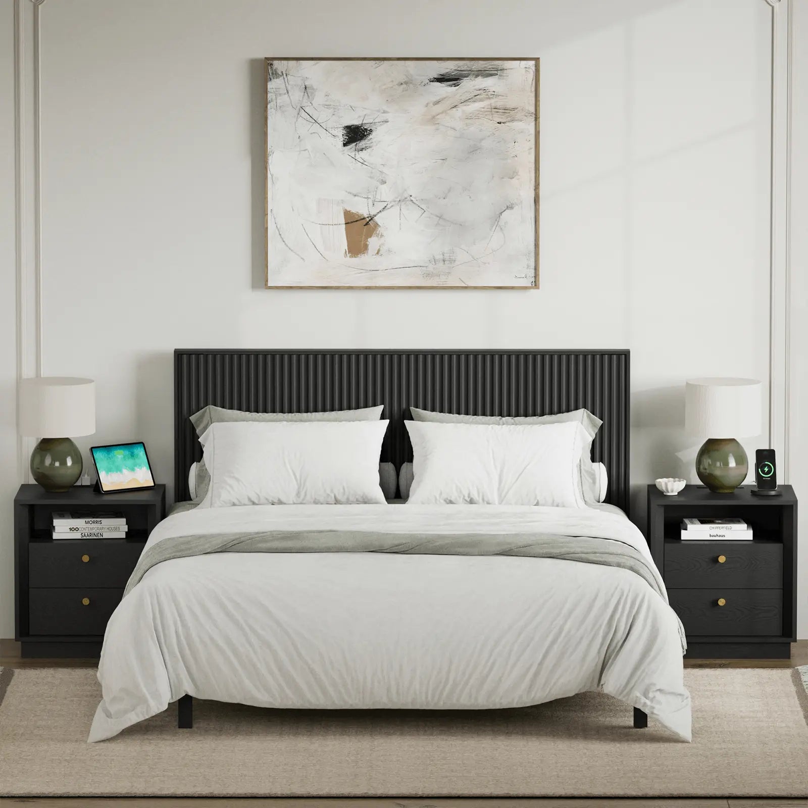 FORTUNETECMid - Century Modern Black Wood Nightstand with Beveled| Fortunetec