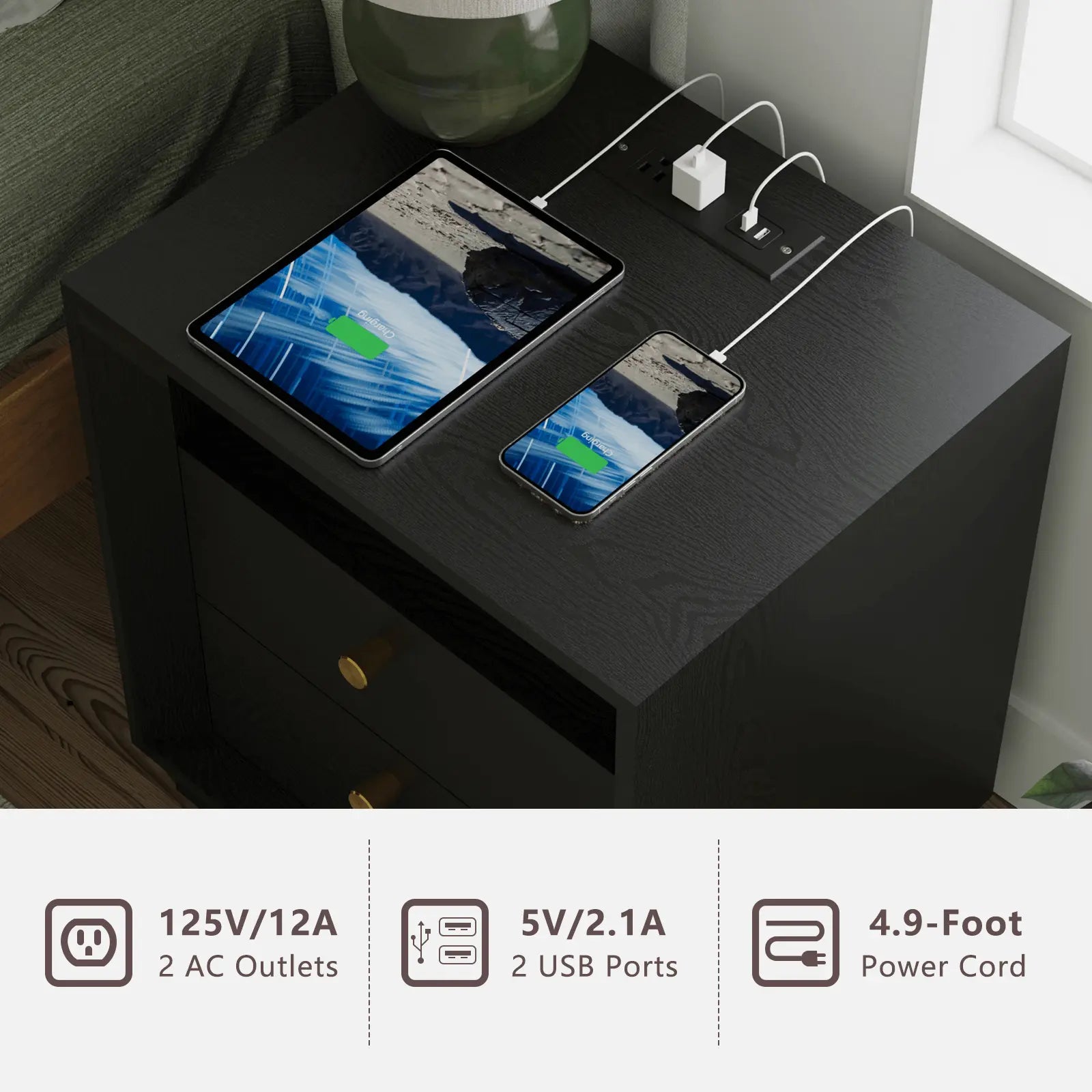 FORTUNETECMid - Century Modern Black Wood Nightstand with Beveled| Fortunetec