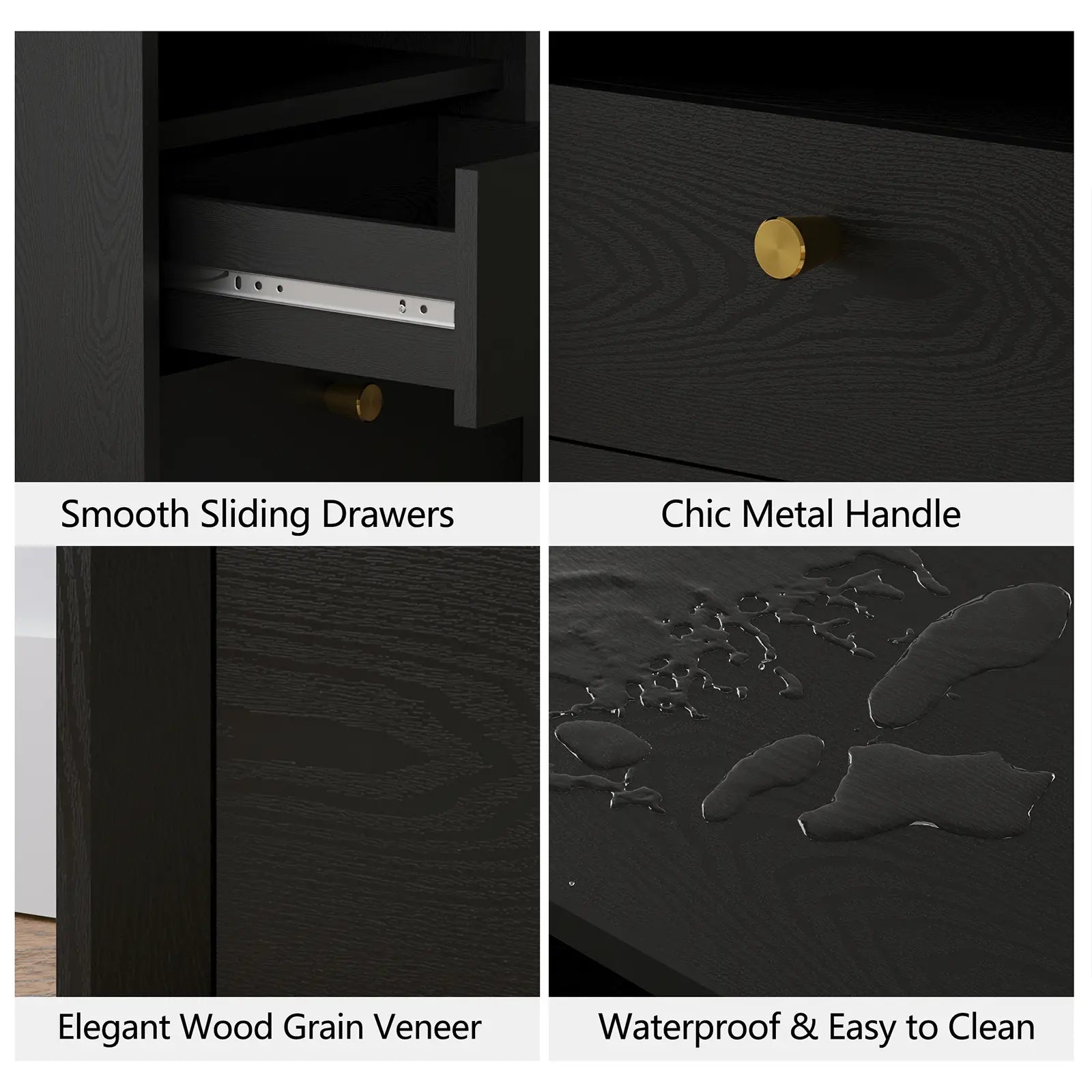 FORTUNETECMid - Century Modern Black Wood Nightstand with Beveled| Fortunetec