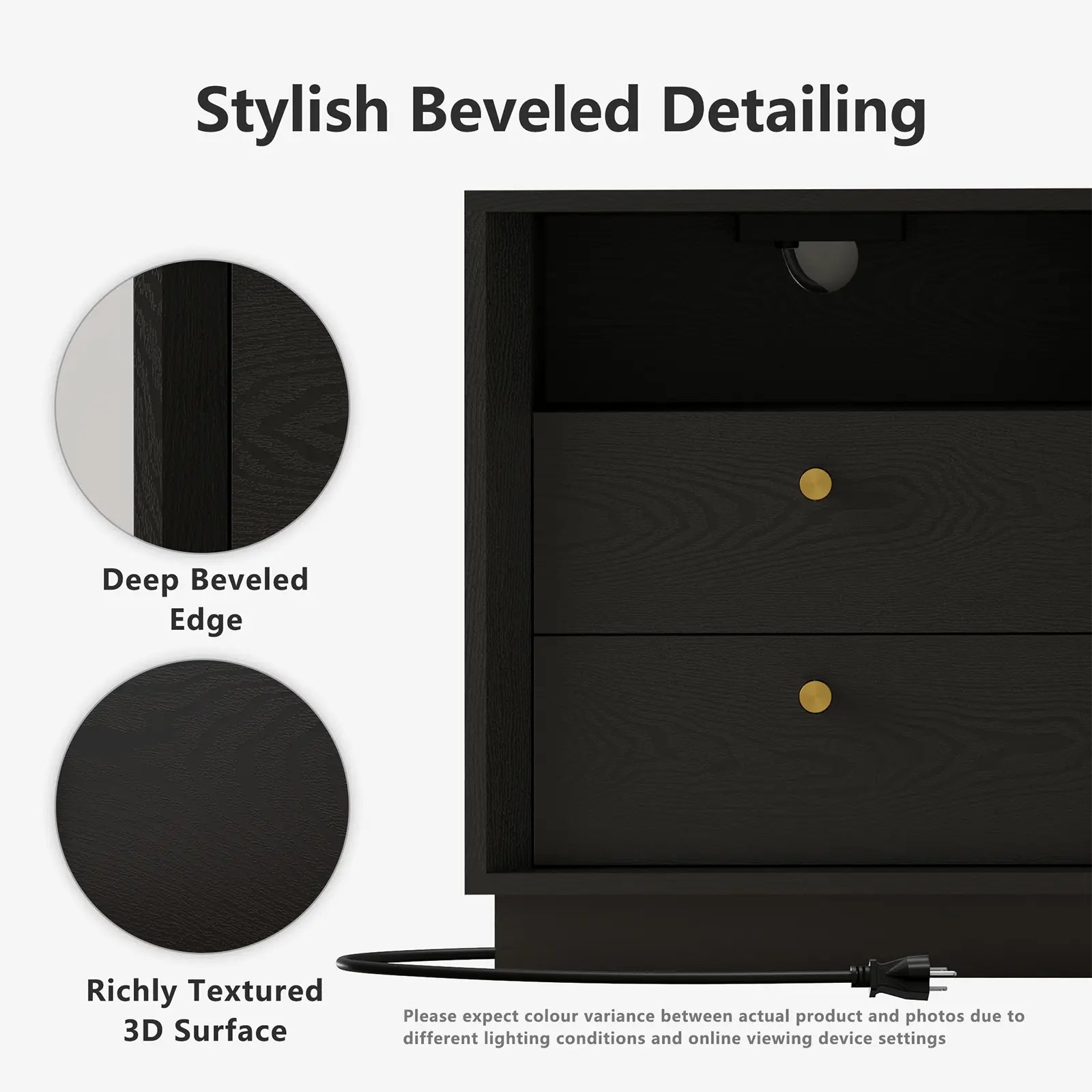 FORTUNETECMid - Century Modern Black Wood Nightstand with Beveled| Fortunetec