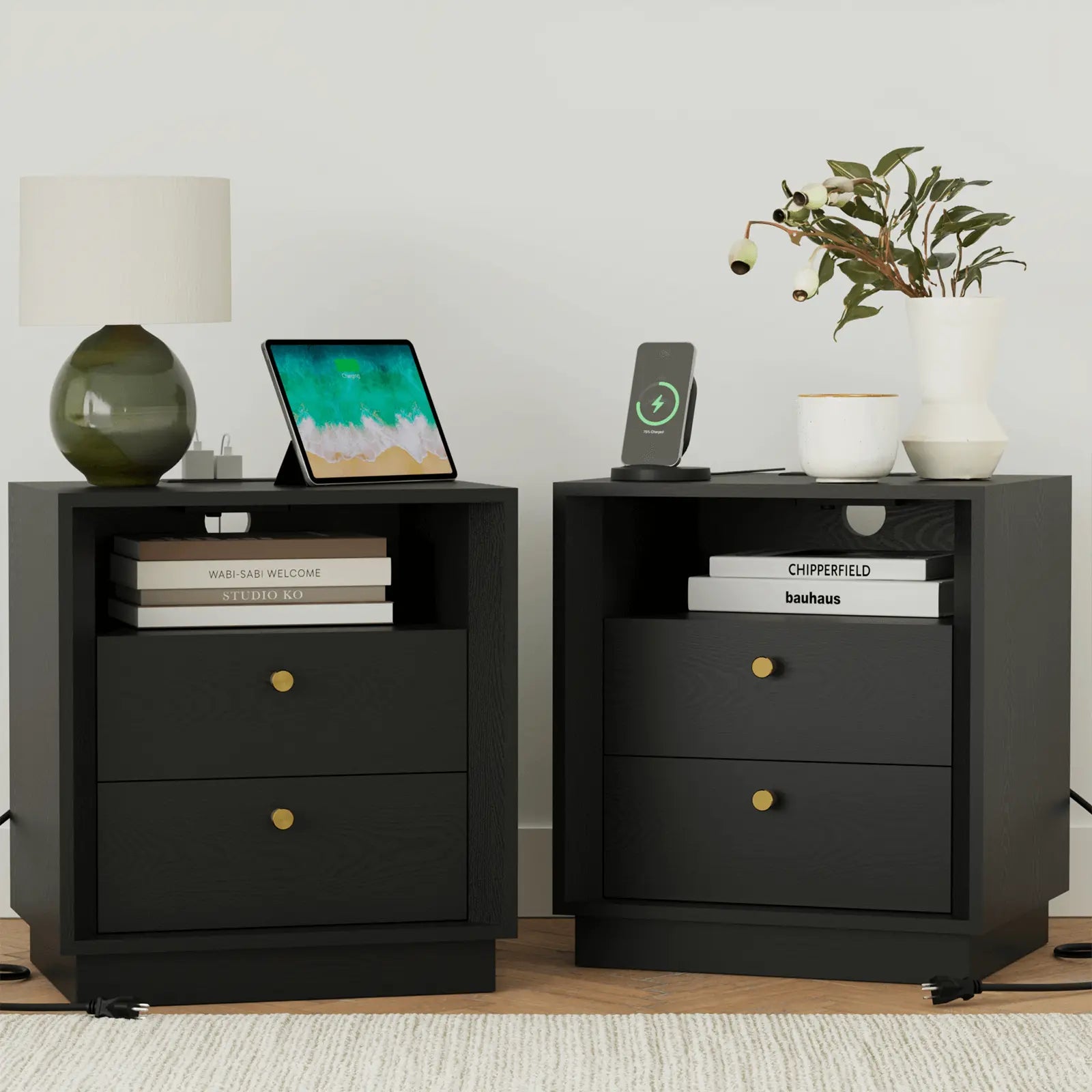 FORTUNETECMid - Century Modern Black Wood Nightstand with Beveled| Fortunetec