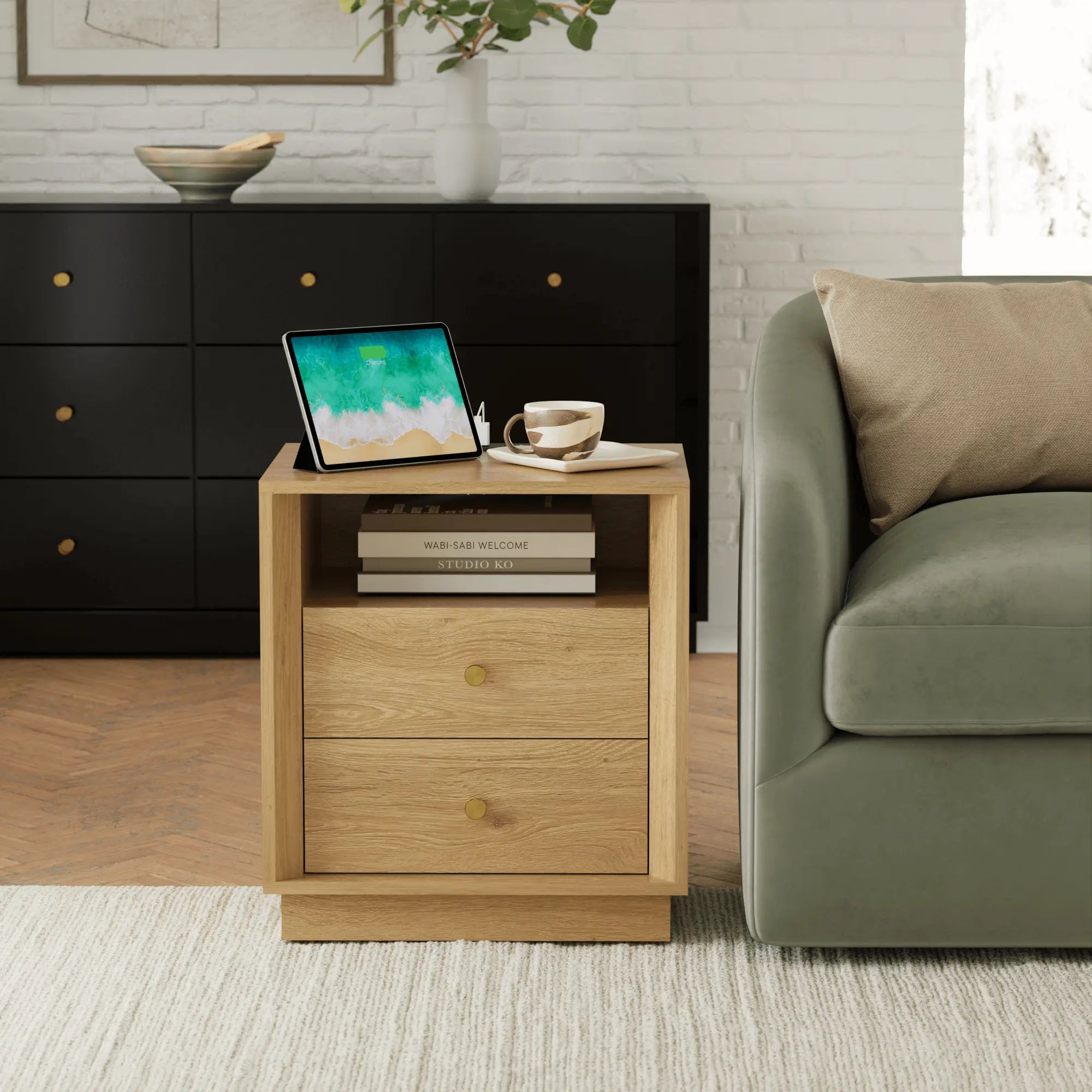 FORTUNETECMid - Century Modern Oak Nightstand with Beveled Edges | Fortunetec
