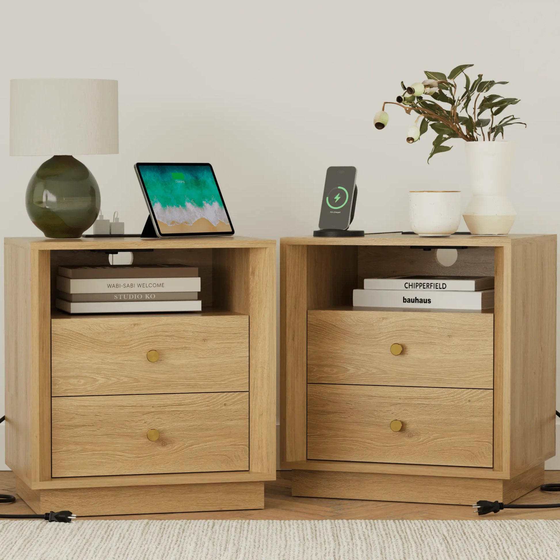 FORTUNETECMid - Century Modern Oak Nightstand with Beveled Edges | Fortunetec