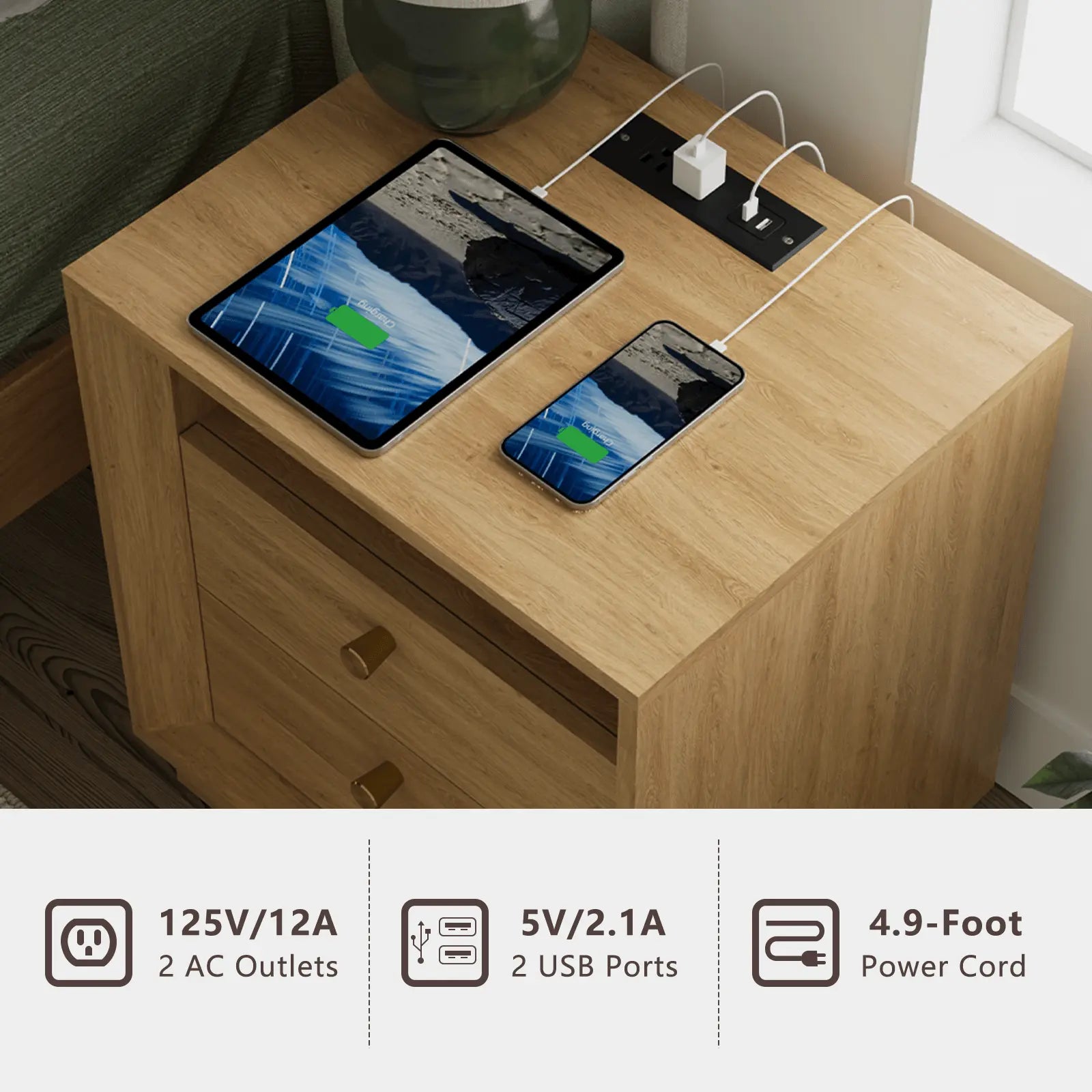 FORTUNETECMid - Century Modern Oak Nightstand with Beveled Edges | Fortunetec