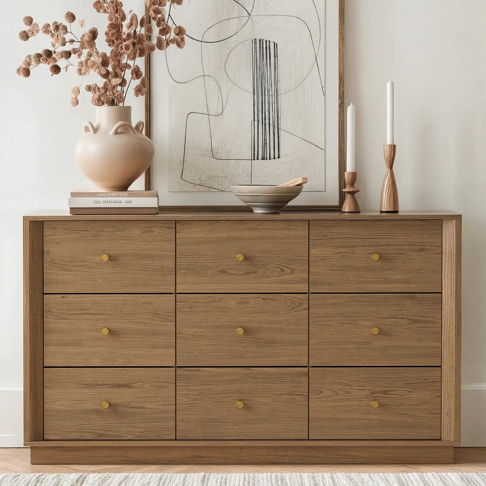 FORTUNETECMid - Century Modern Walnut 9 - Drawer Dresser – Wide Storage Chest for Bedroom & Living Room