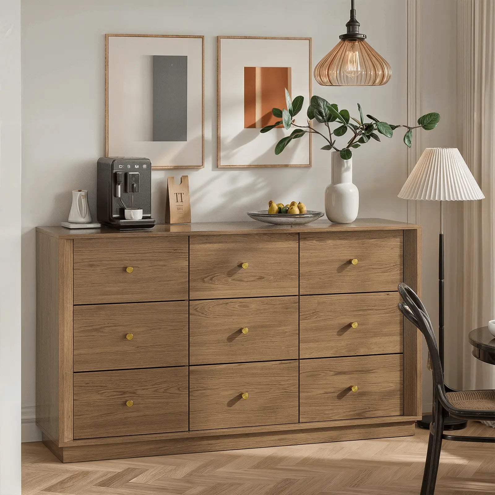 FORTUNETECMid - Century Modern Walnut 9 - Drawer Dresser – Wide Storage Chest for Bedroom & Living Room