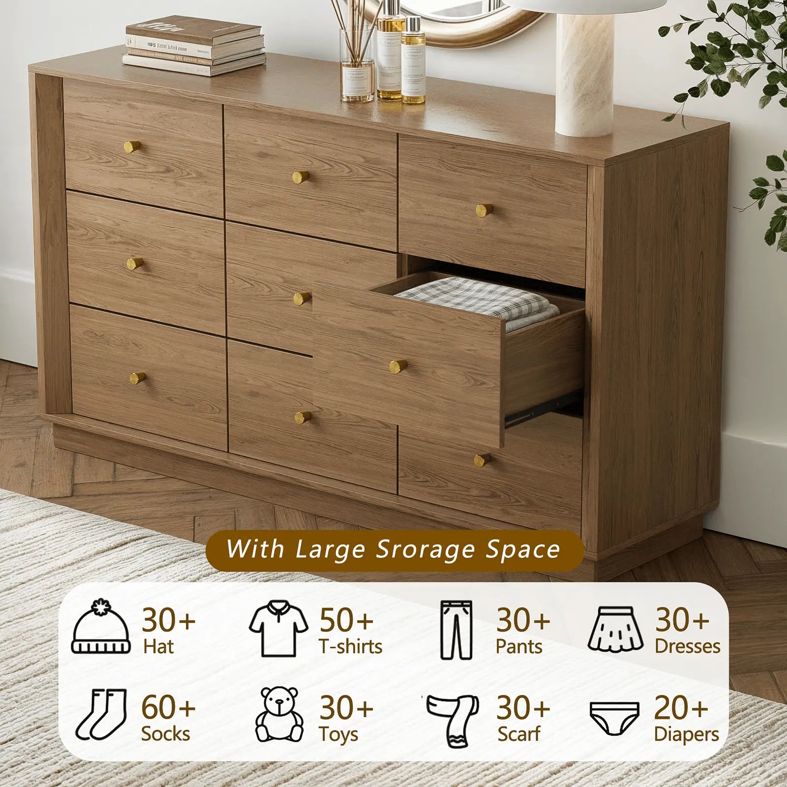 FORTUNETECMid - Century Modern Walnut 9 - Drawer Dresser – Wide Storage Chest for Bedroom & Living Room
