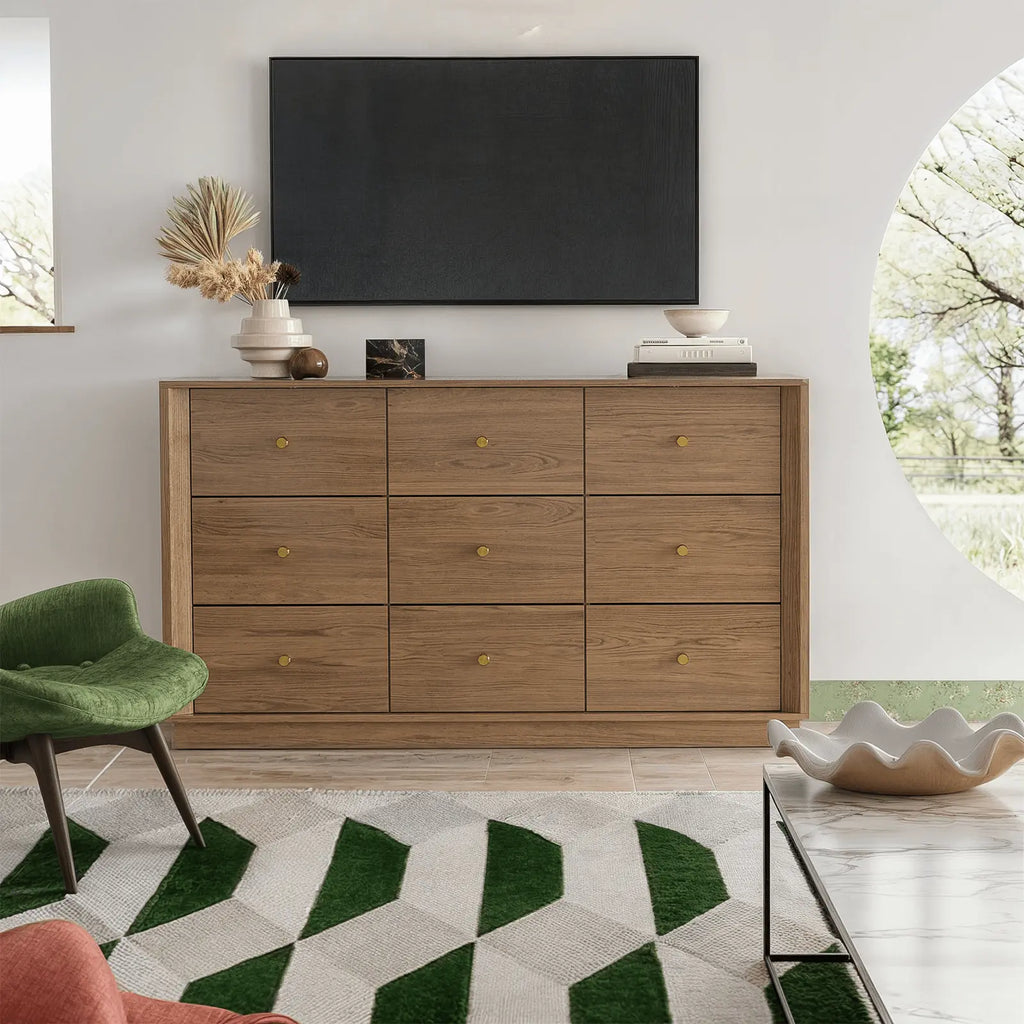 FORTUNETECMid - Century Modern Walnut 9 - Drawer Dresser – Wide Storage Chest for Bedroom & Living Room