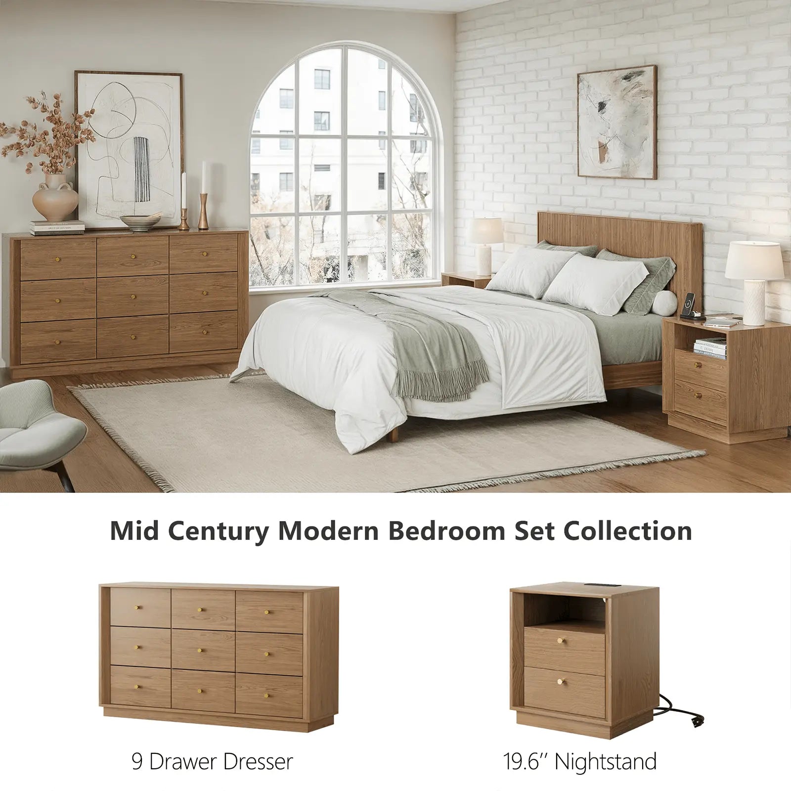 FORTUNETECMid - Century Modern Walnut 9 - Drawer Dresser – Wide Storage Chest for Bedroom & Living Room
