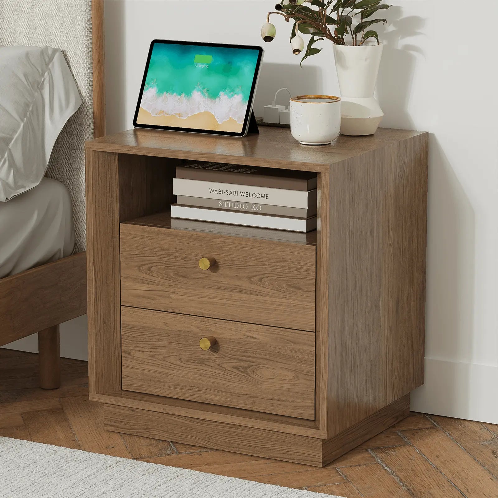 FORTUNETECMid - Century Modern Walnut Nightstand with Beveled Edges | Fortunetec