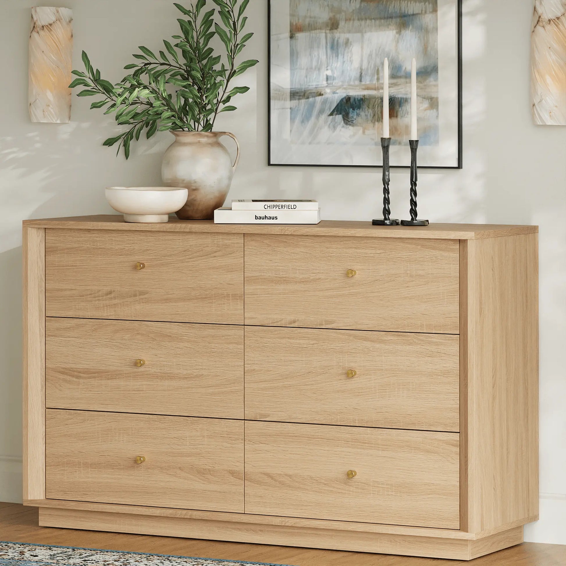 FORTUNETECMid - Century Modern White Oak 6 - Drawer Dresser | FORTUNETEC