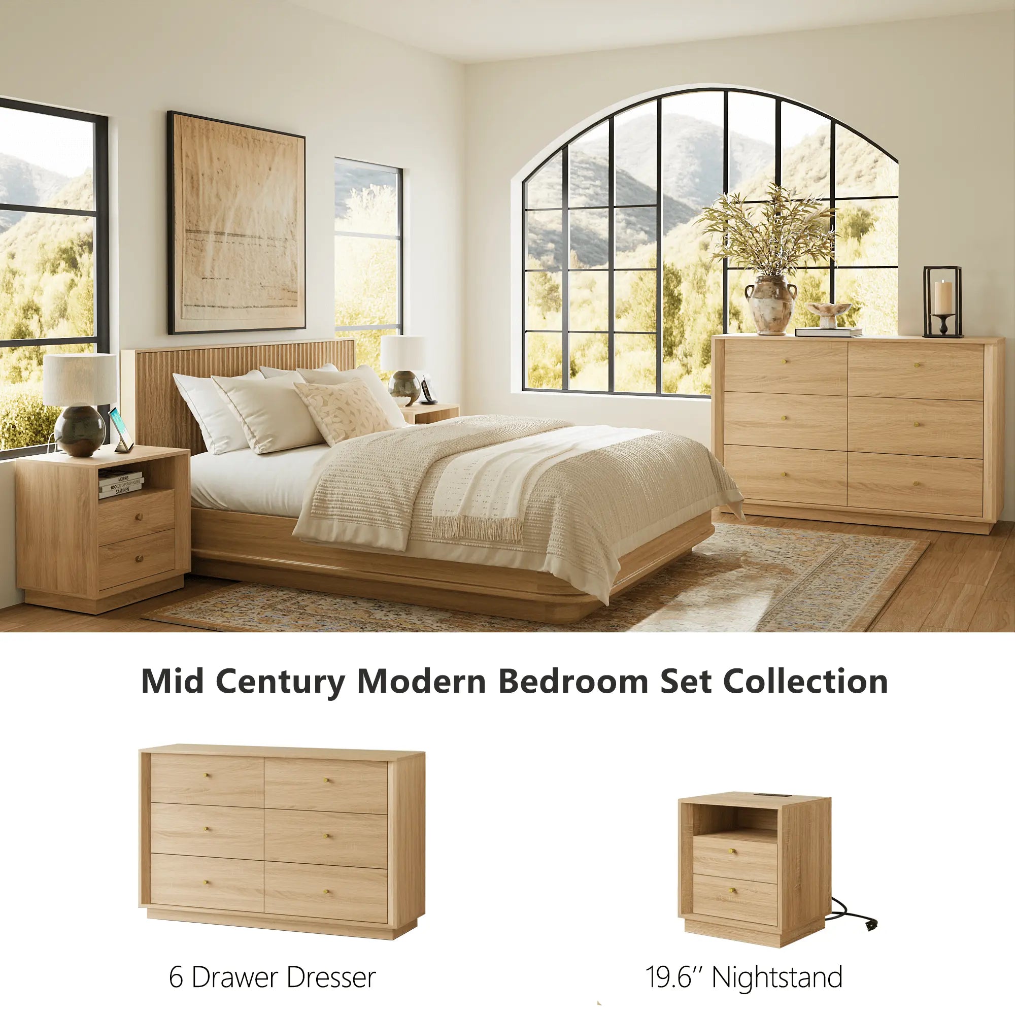 Mid-Century Modern Dresser White Oak 6-Drawer FORTUNETEC