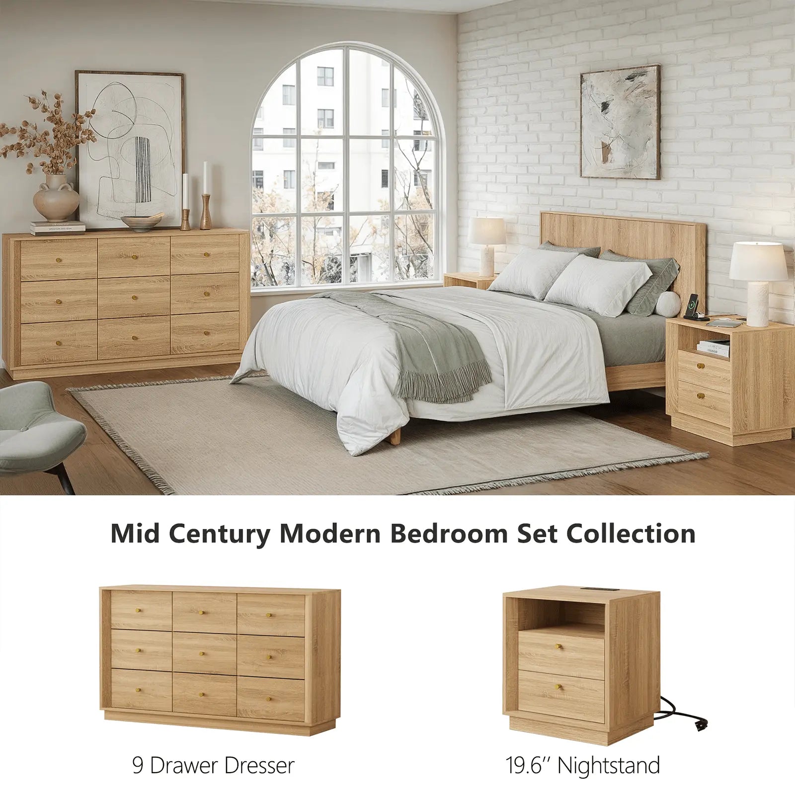 FORTUNETECMid - Century Modern White Oak Nightstand with Beveled | Fortunetec