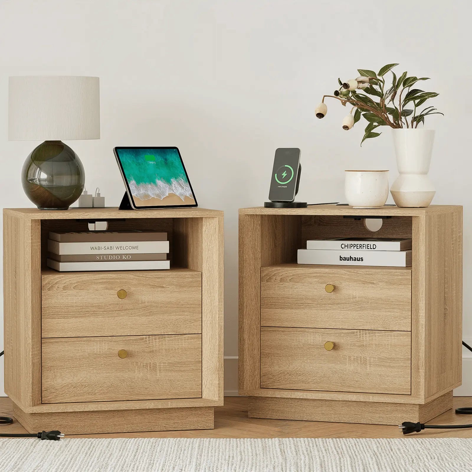 FORTUNETECMid - Century Modern White Oak Nightstand with Beveled | Fortunetec