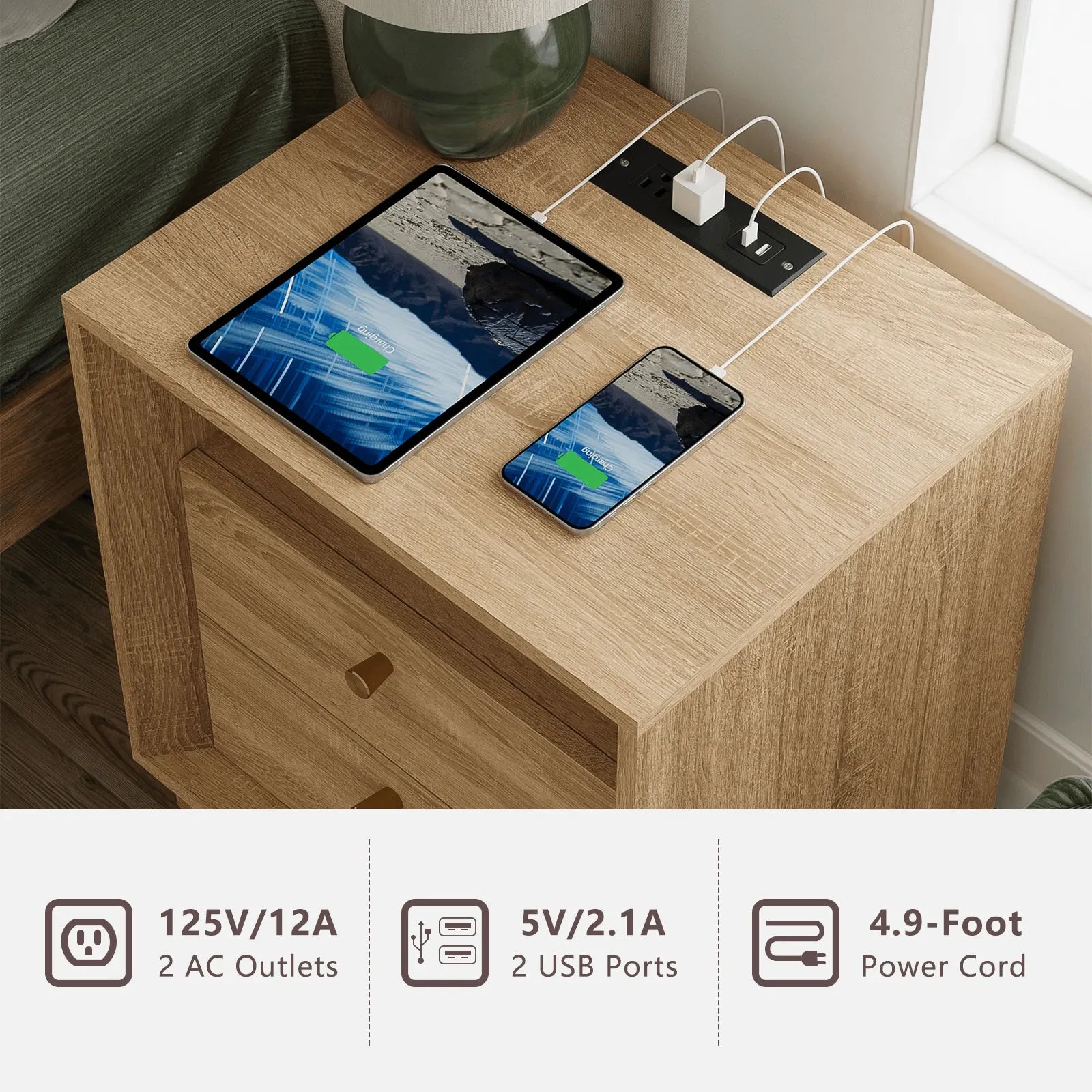 FORTUNETECMid - Century Modern White Oak Nightstand with Beveled | Fortunetec