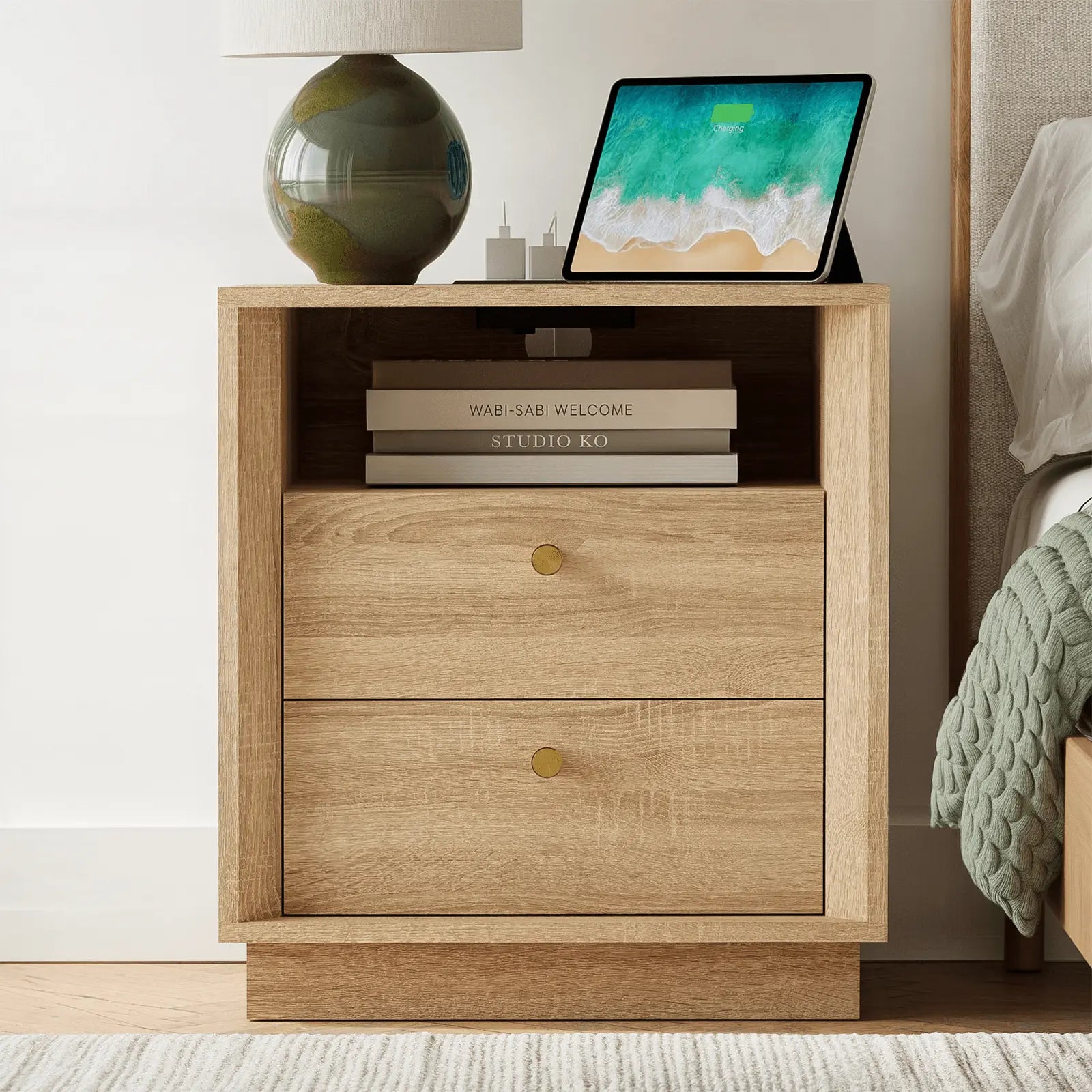 FORTUNETECMid - Century Modern White Oak Nightstand with Beveled | Fortunetec