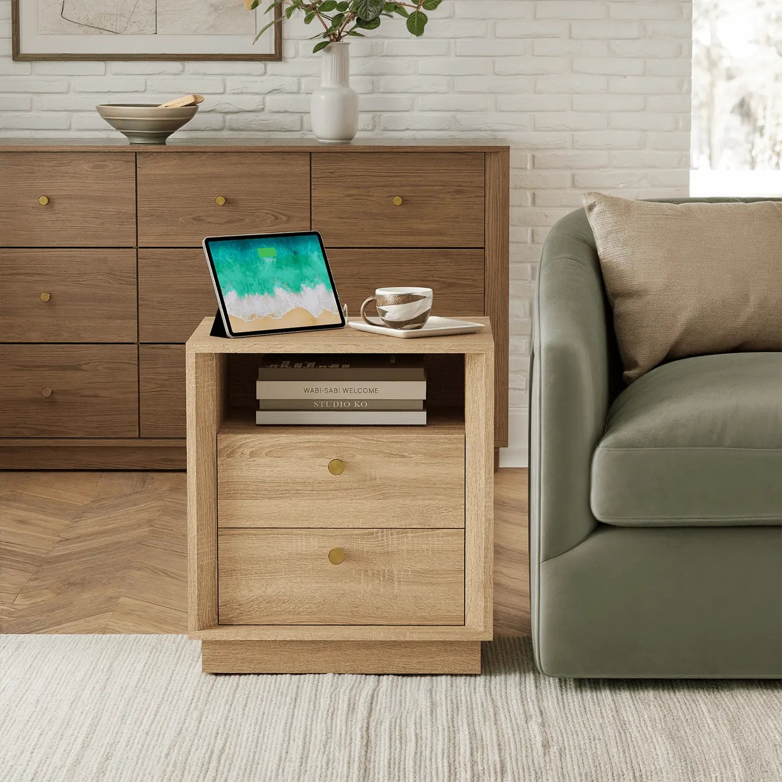 FORTUNETECMid - Century Modern White Oak Nightstand with Beveled | Fortunetec