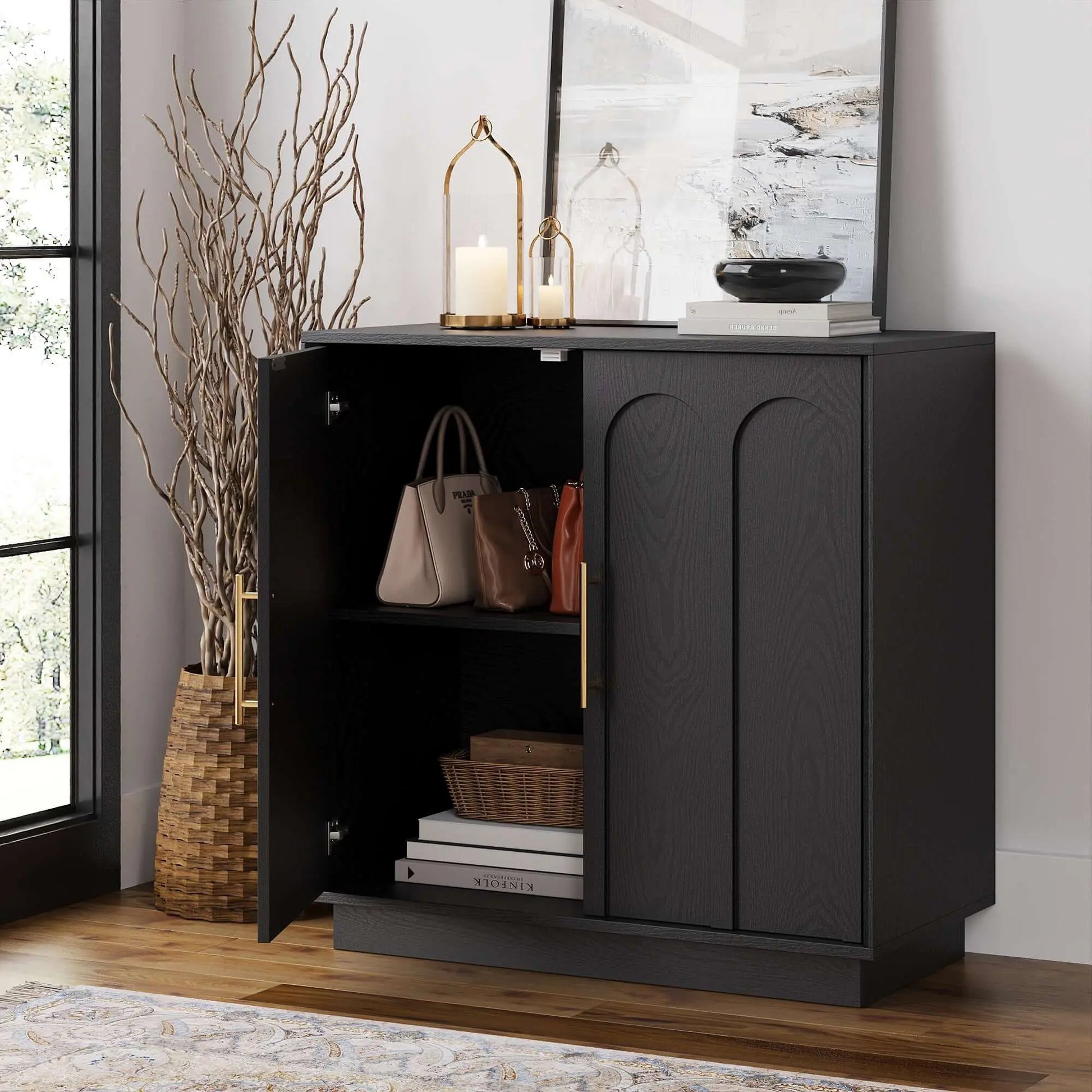 FORTUNETECModern Black Wood Sideboard Buffet Cabinet