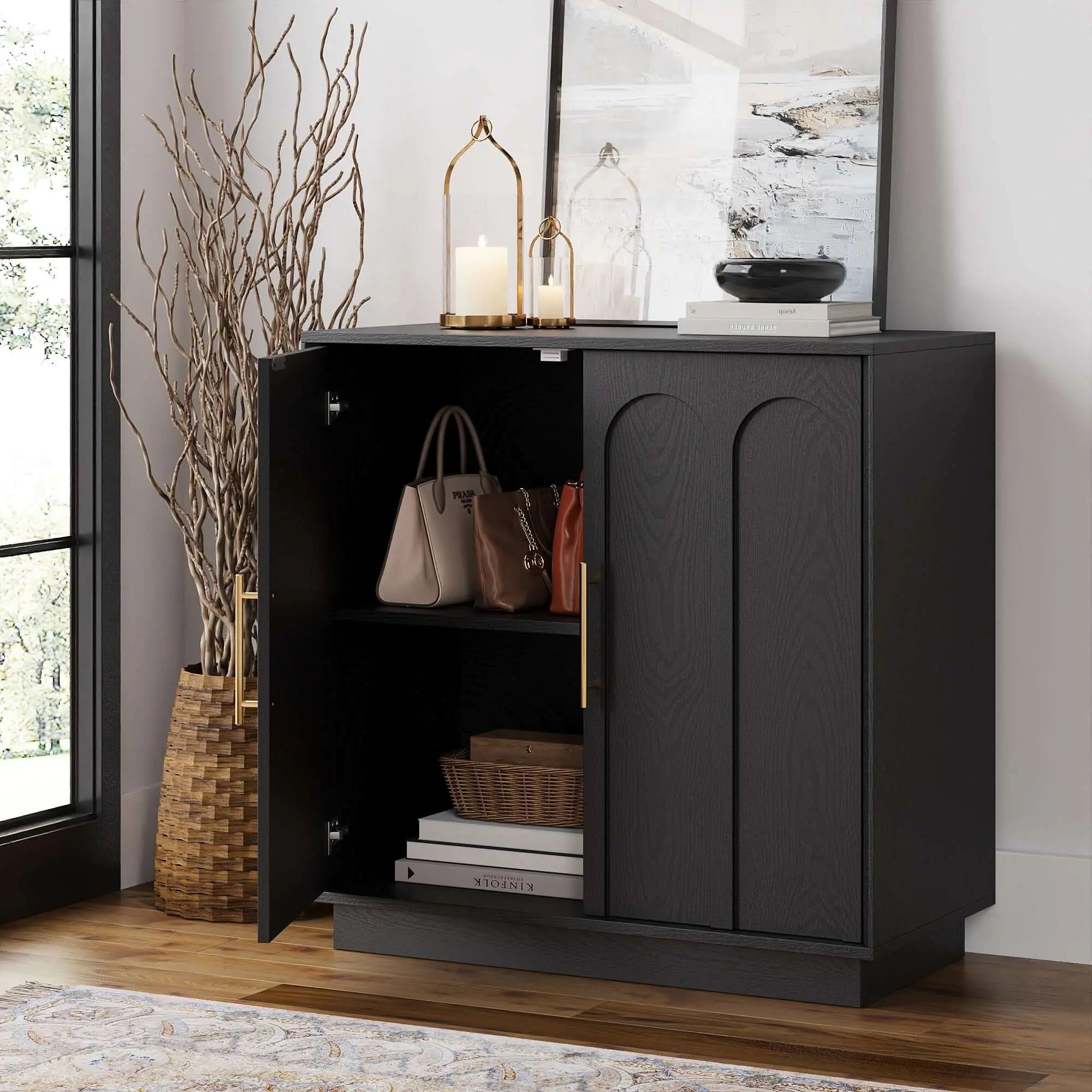 FORTUNETECModern Black Wood Sideboard Buffet Cabinet