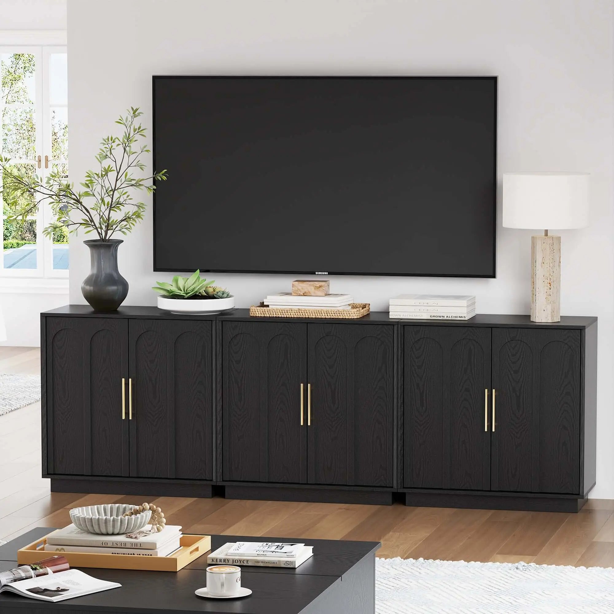 FORTUNETECModern Black Wood Sideboard Buffet Cabinet