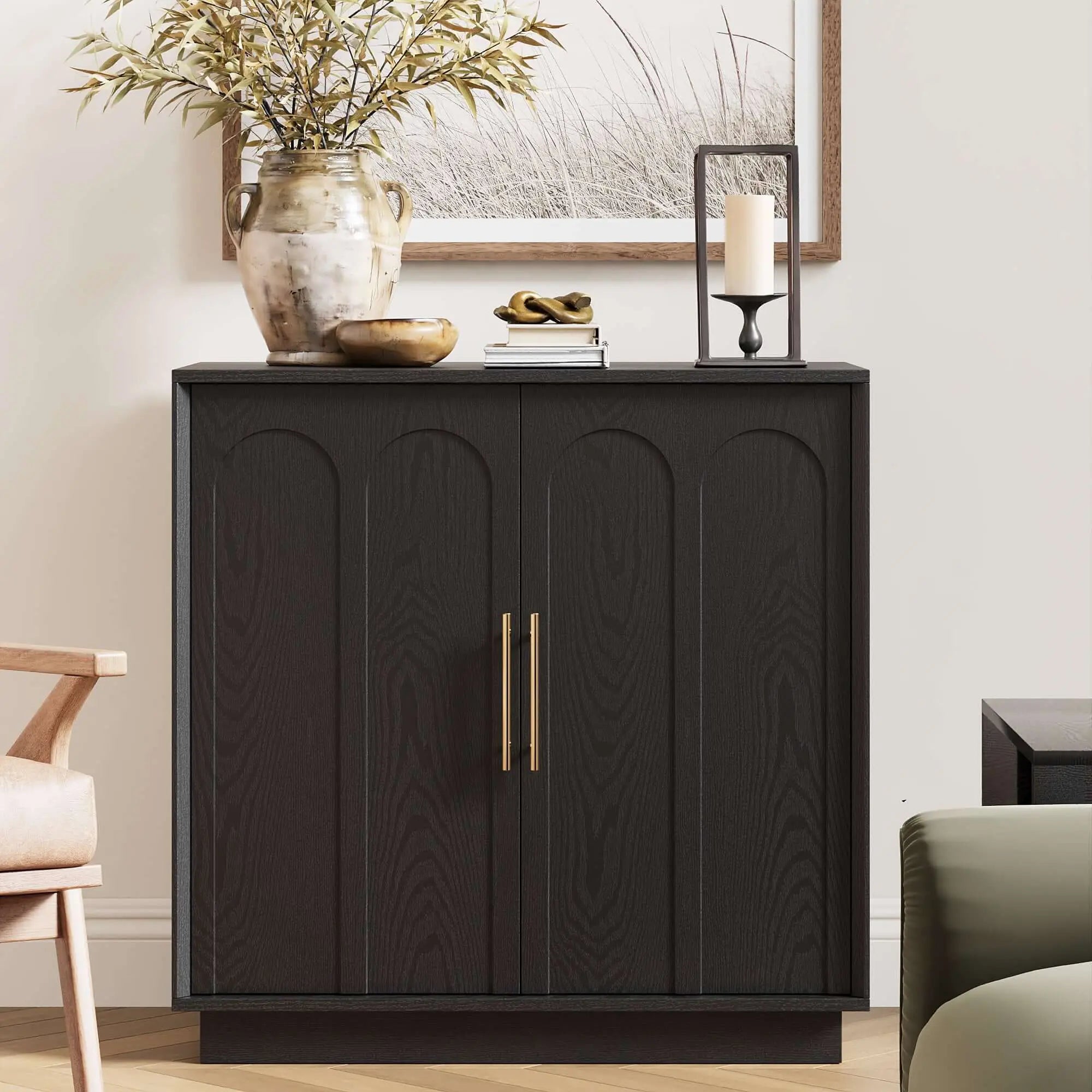 FORTUNETECModern Black Wood Sideboard Buffet Cabinet
