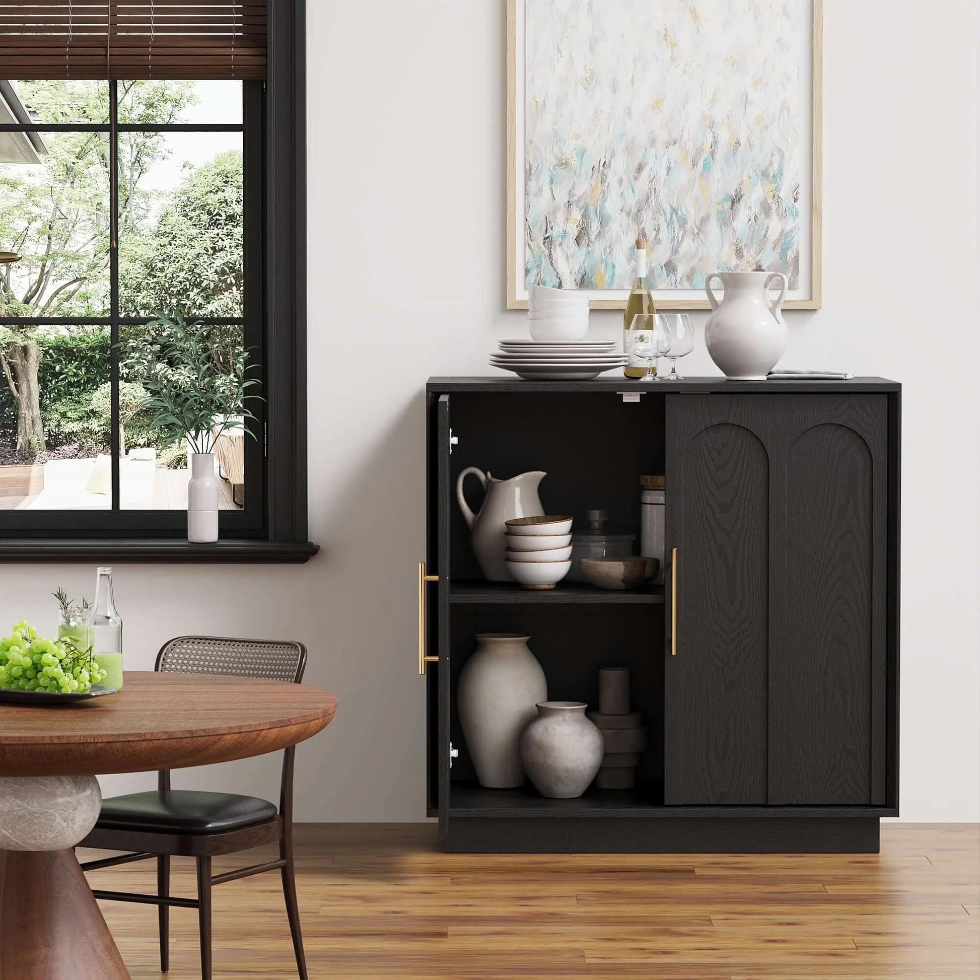 FORTUNETECModern Black Wood Sideboard Buffet Cabinet