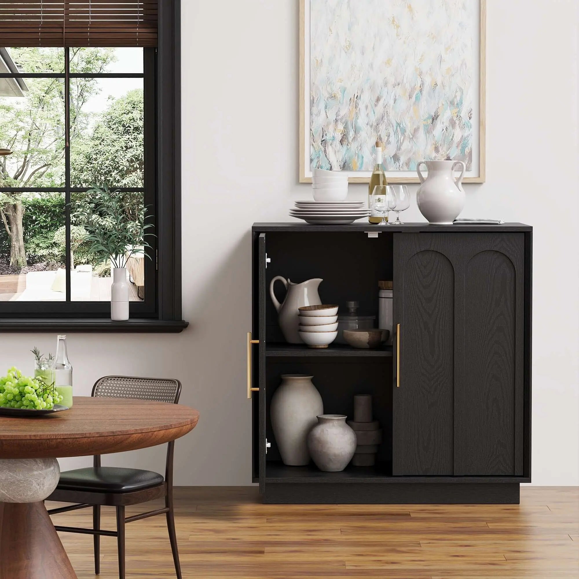 FORTUNETECModern Black Wood Sideboard Buffet Cabinet
