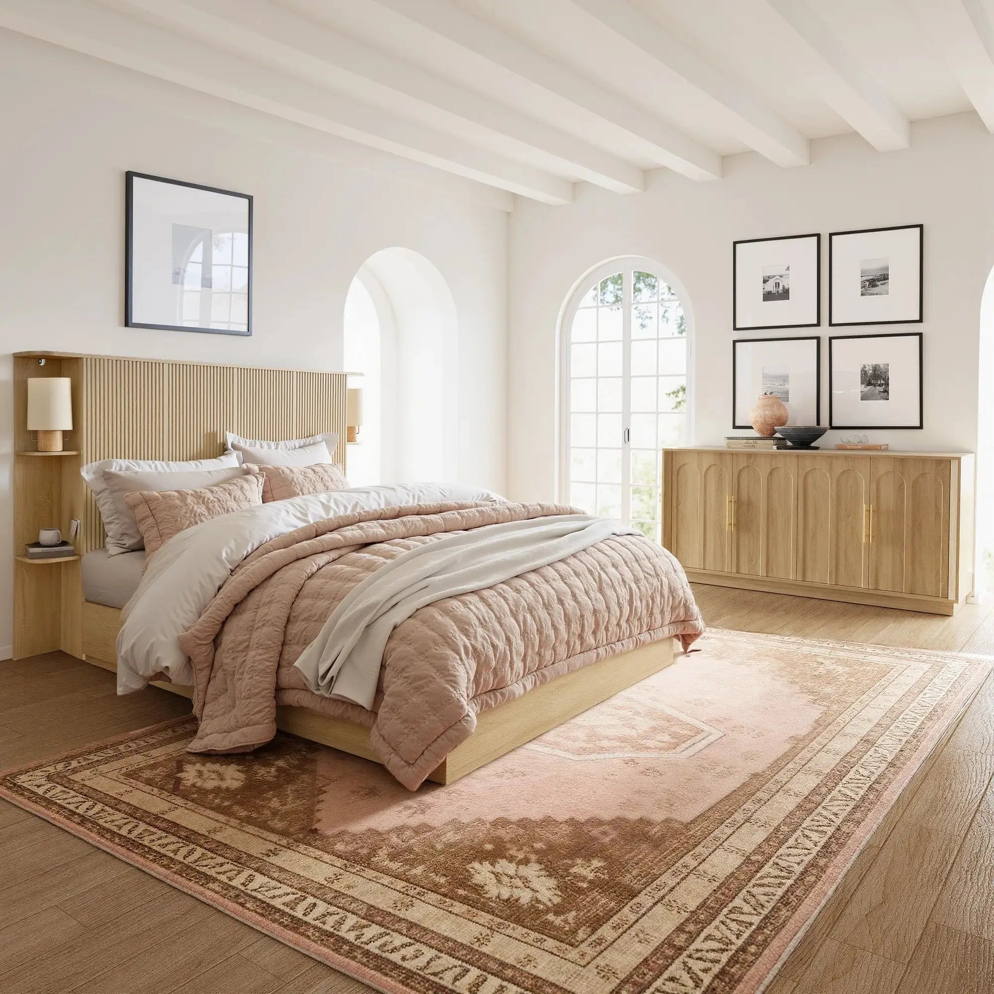 FORTUNETECModern Oak Fluted Queen Headboard with Storage Shelf – Warm Farmhouse Style Design