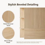 FORTUNETECModern Oak Fluted Queen Headboard with Storage Shelf – Warm Farmhouse Style Design