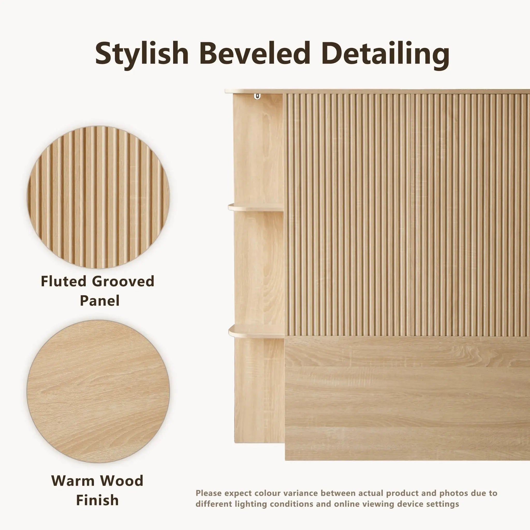 FORTUNETECModern Oak Fluted Queen Headboard with Storage Shelf – Warm Farmhouse Style Design