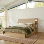 FORTUNETECModern Oak Fluted Queen Headboard with Storage Shelf – Warm Farmhouse Style Design