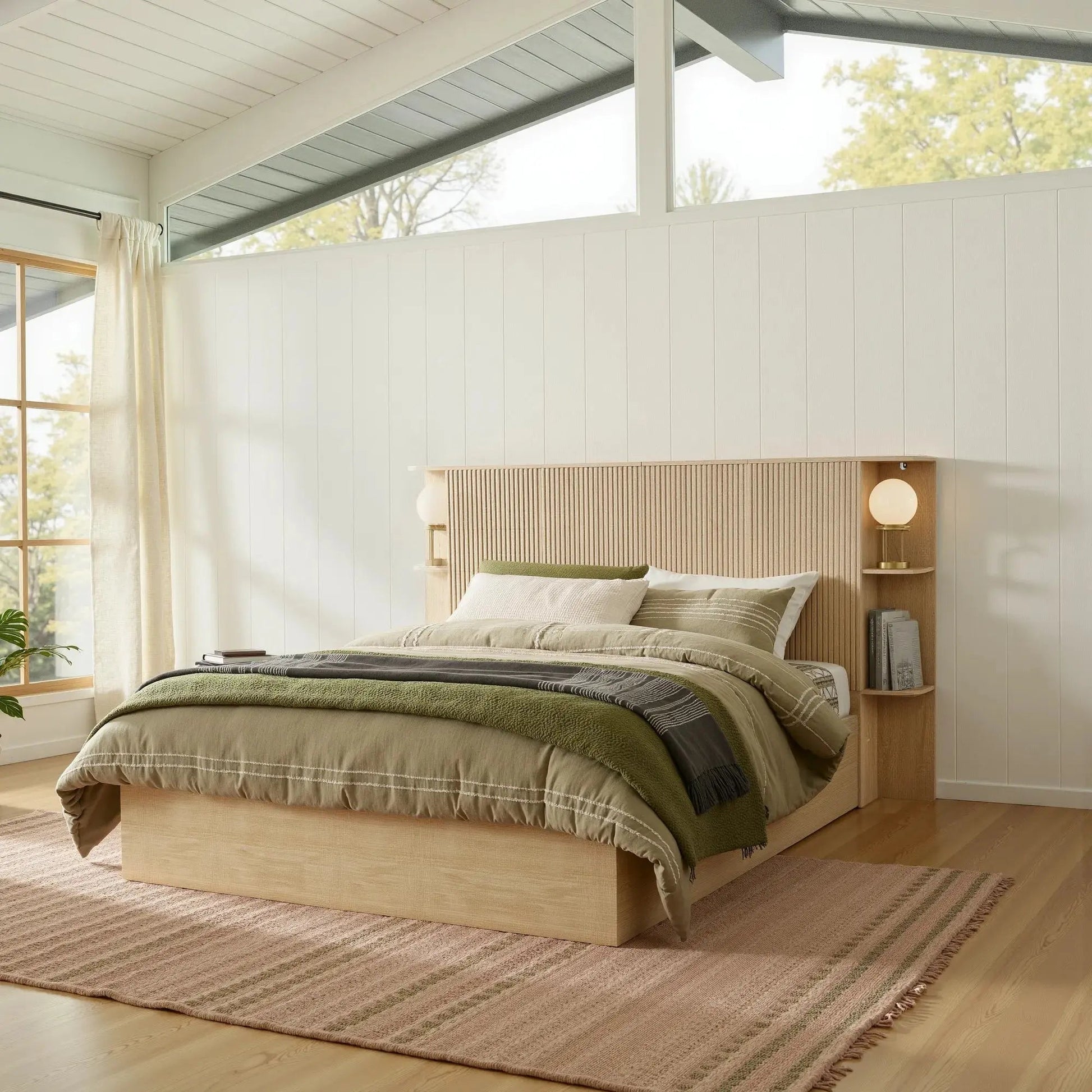 FORTUNETECModern Oak Fluted Queen Headboard with Storage Shelf – Warm Farmhouse Style Design