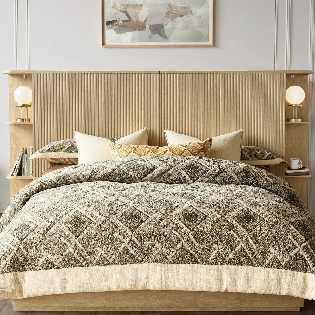 FORTUNETECModern Oak Fluted Queen Headboard with Storage Shelf – Warm Farmhouse Style Design