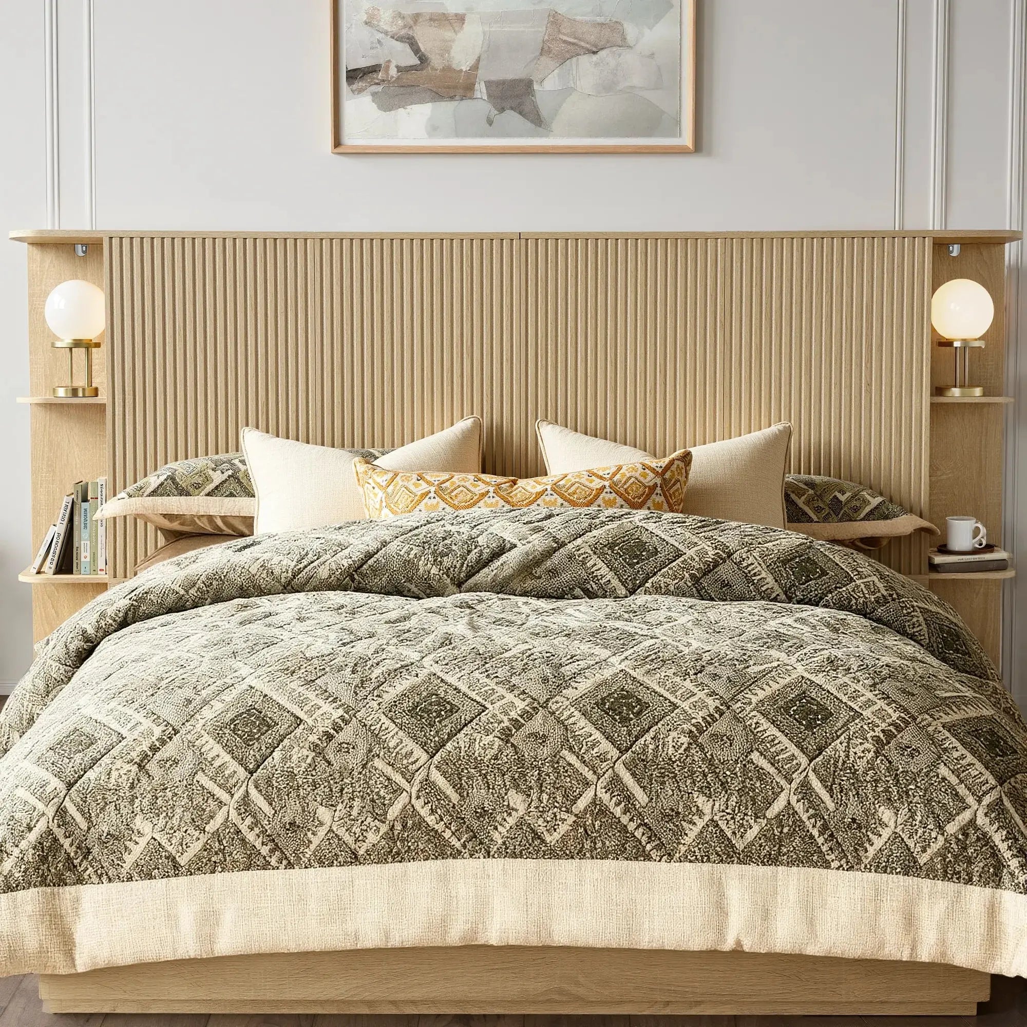 FORTUNETECModern Oak Fluted Queen Headboard with Storage Shelf – Warm Farmhouse Style Design