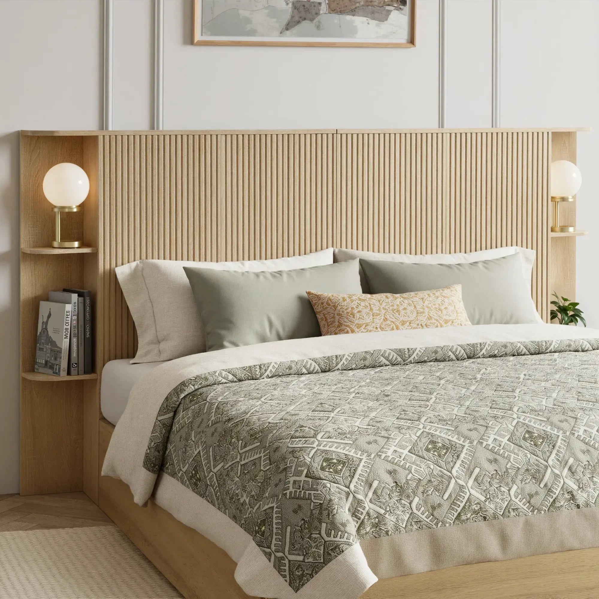 FORTUNETECModern Oak Fluted Queen Headboard with Storage Shelf – Warm Farmhouse Style Design