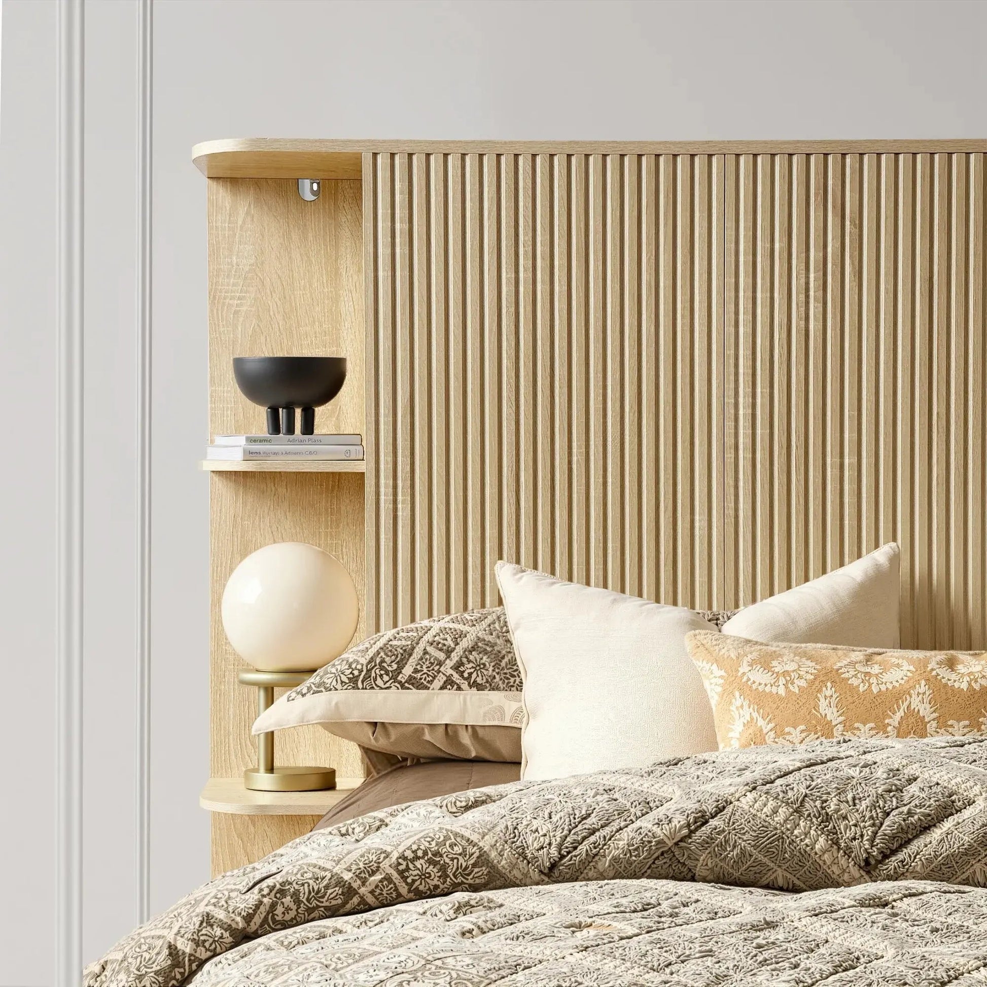 FORTUNETECModern Oak Fluted Queen Headboard with Storage Shelf – Warm Farmhouse Style Design