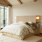 FORTUNETECModern Oak Fluted Queen Headboard with Storage Shelf – Warm Farmhouse Style Design