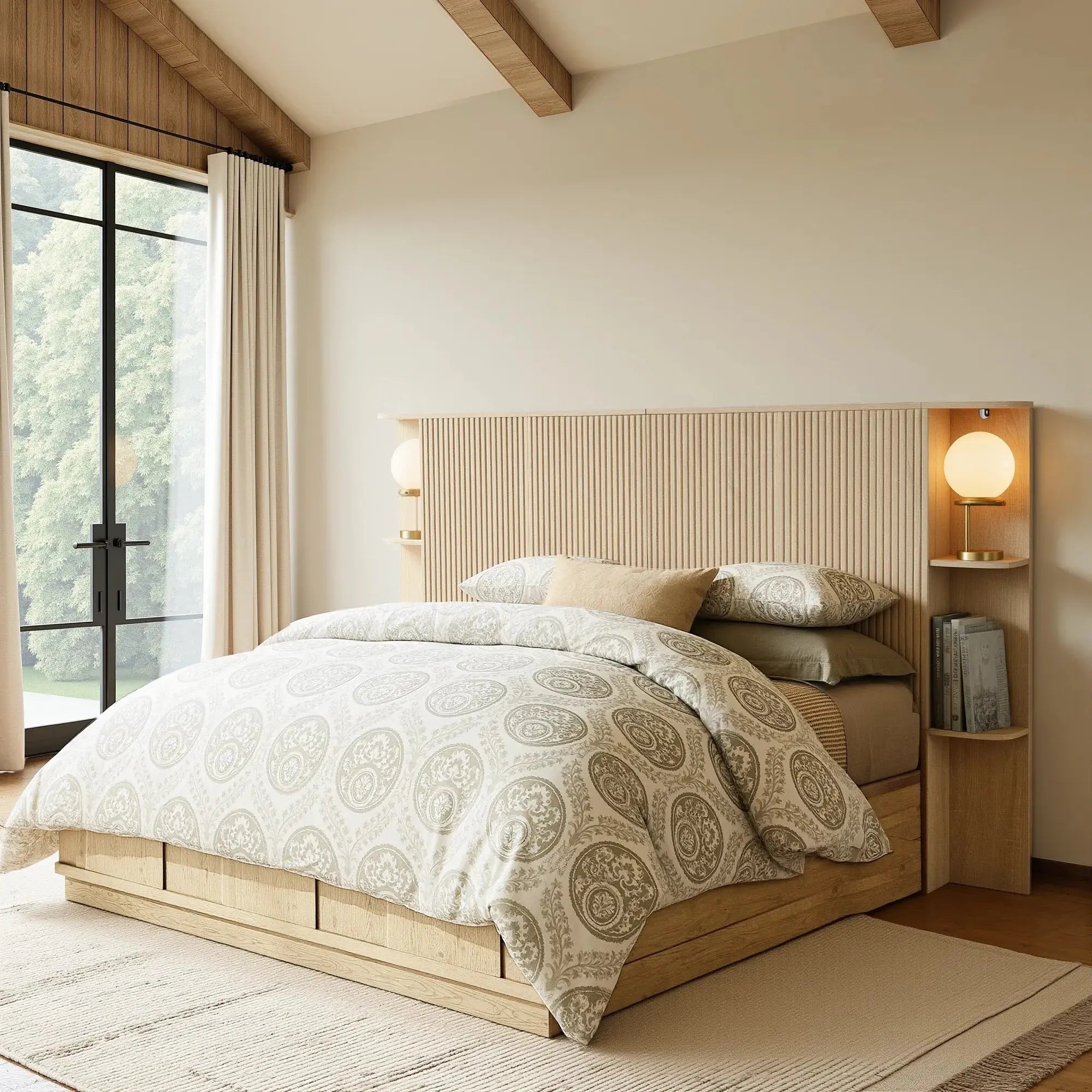 FORTUNETECModern Oak Fluted Queen Headboard with Storage Shelf – Warm Farmhouse Style Design