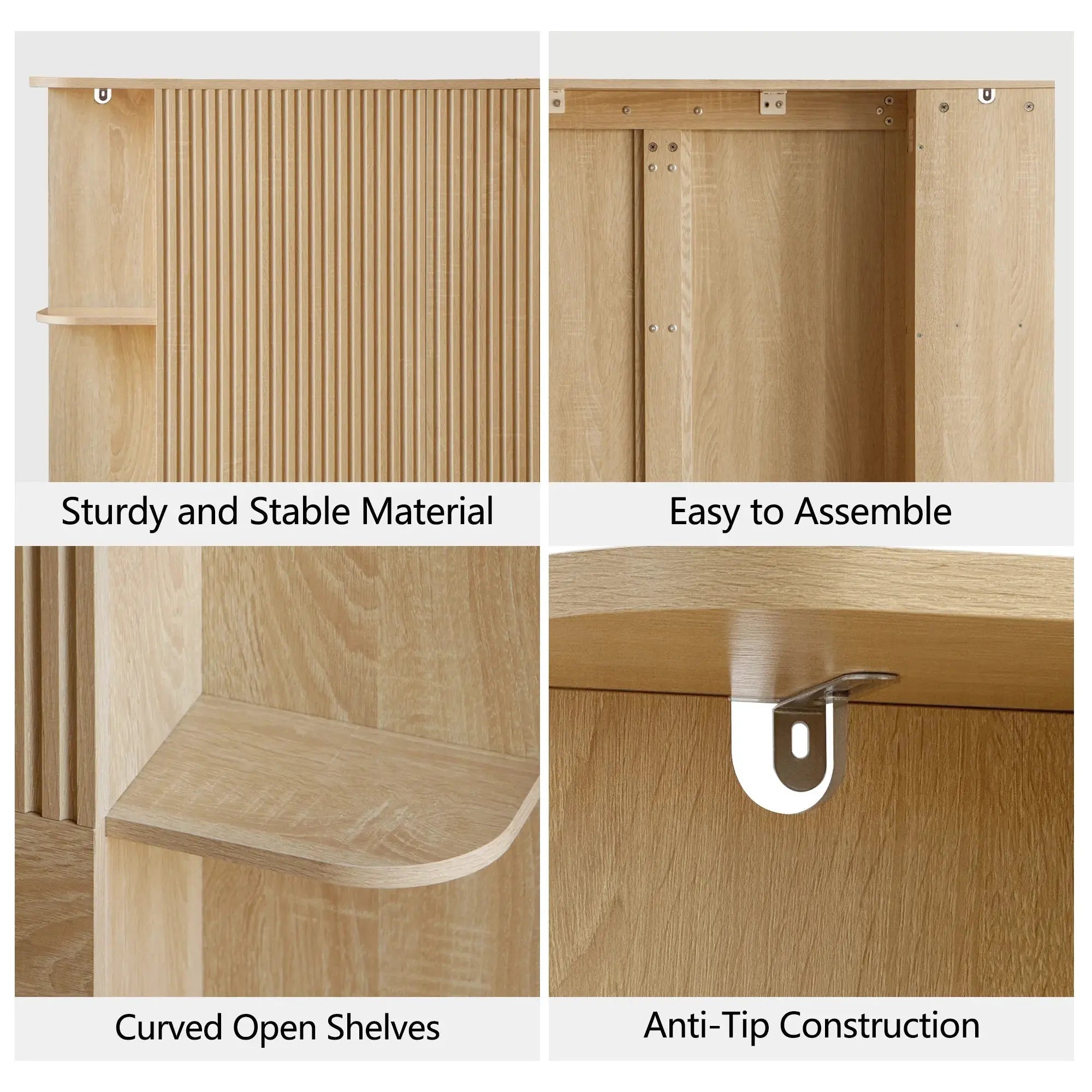 FORTUNETECModern Oak Fluted Queen Headboard with Storage Shelf – Warm Farmhouse Style Design