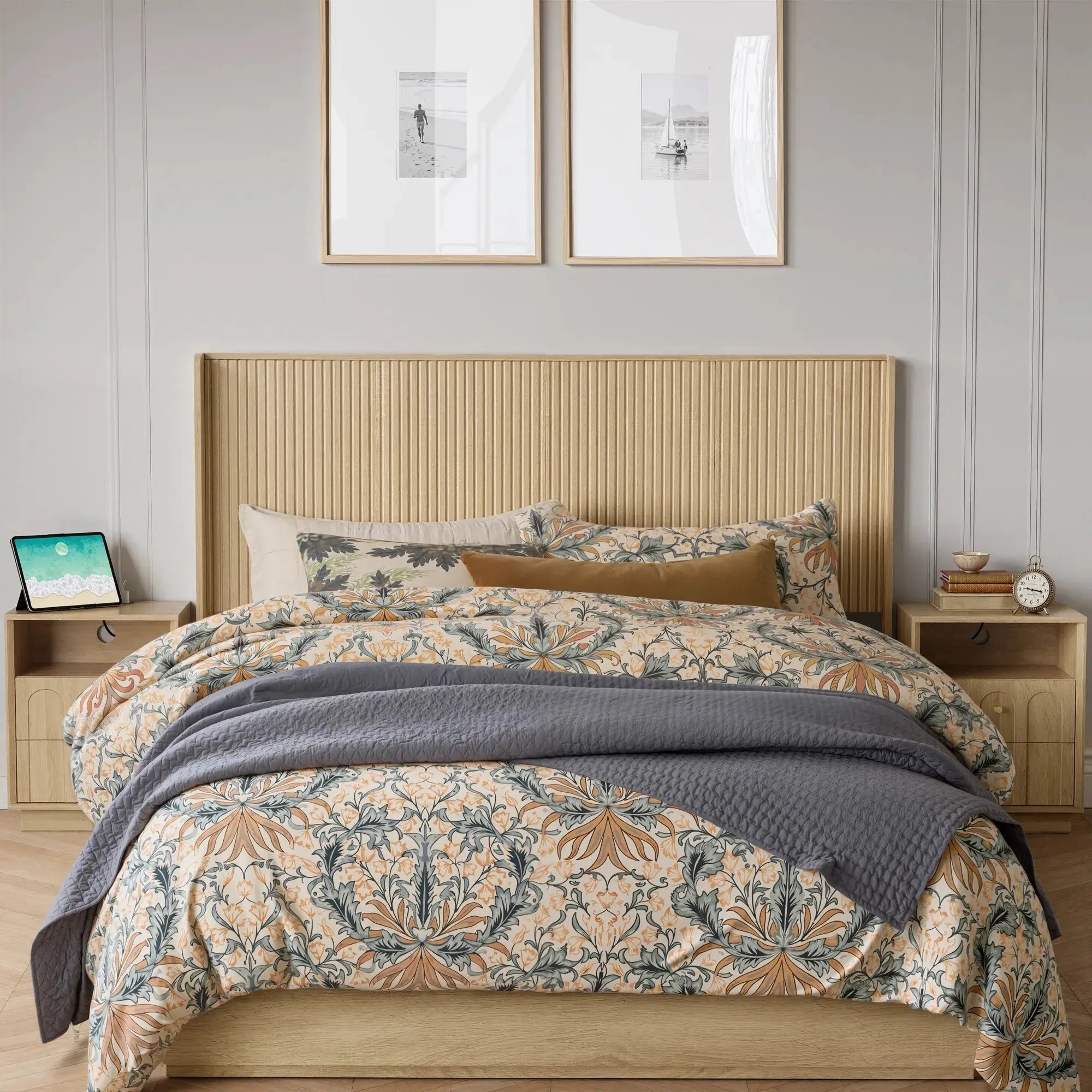 FORTUNETECModern Oak Fluted Queen Headboard with Wingback Panels – Farmhouse Style