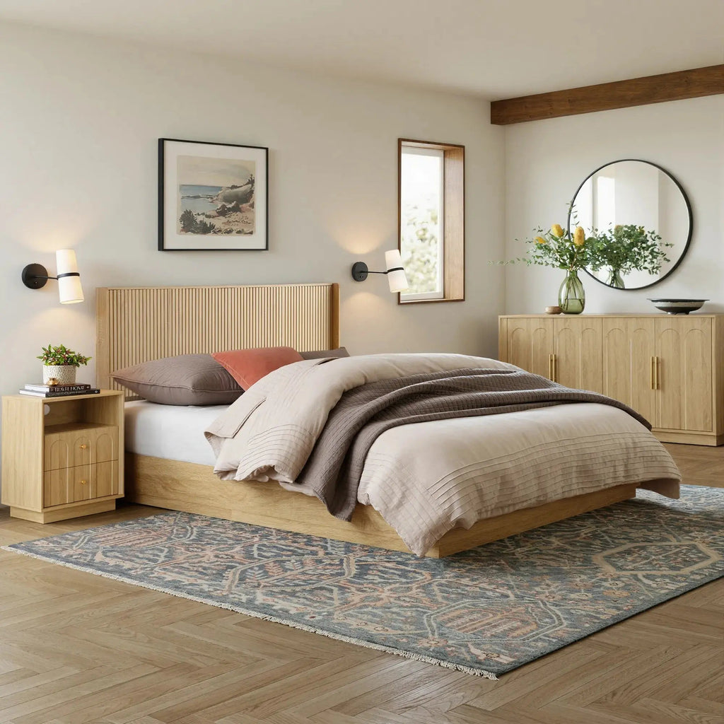 FORTUNETECModern Oak Fluted Queen Headboard with Wingback Panels – Farmhouse Style