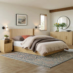 FORTUNETECModern Oak Fluted Queen Headboard with Wingback Panels – Farmhouse Style