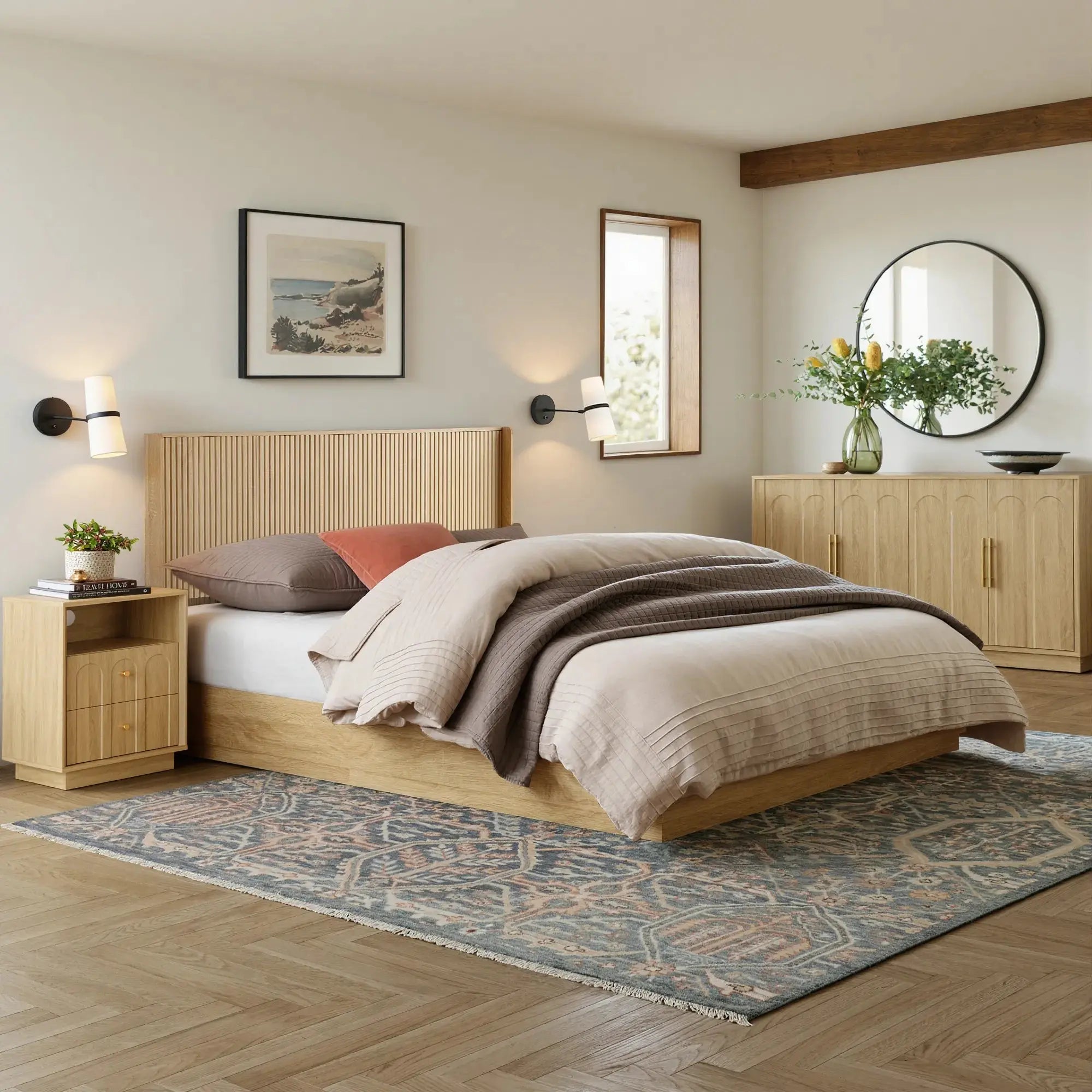 FORTUNETECModern Oak Fluted Queen Headboard with Wingback Panels – Farmhouse Style