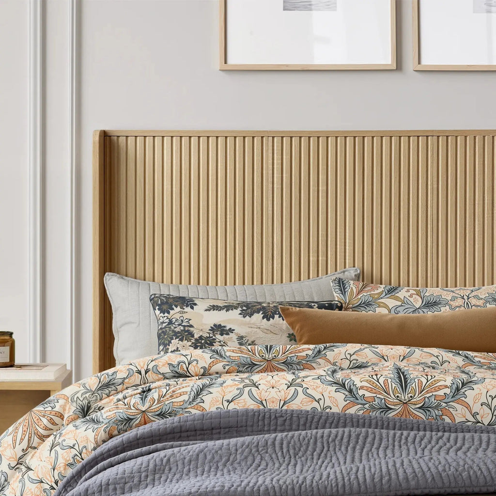 FORTUNETECModern Oak Fluted Queen Headboard with Wingback Panels – Farmhouse Style