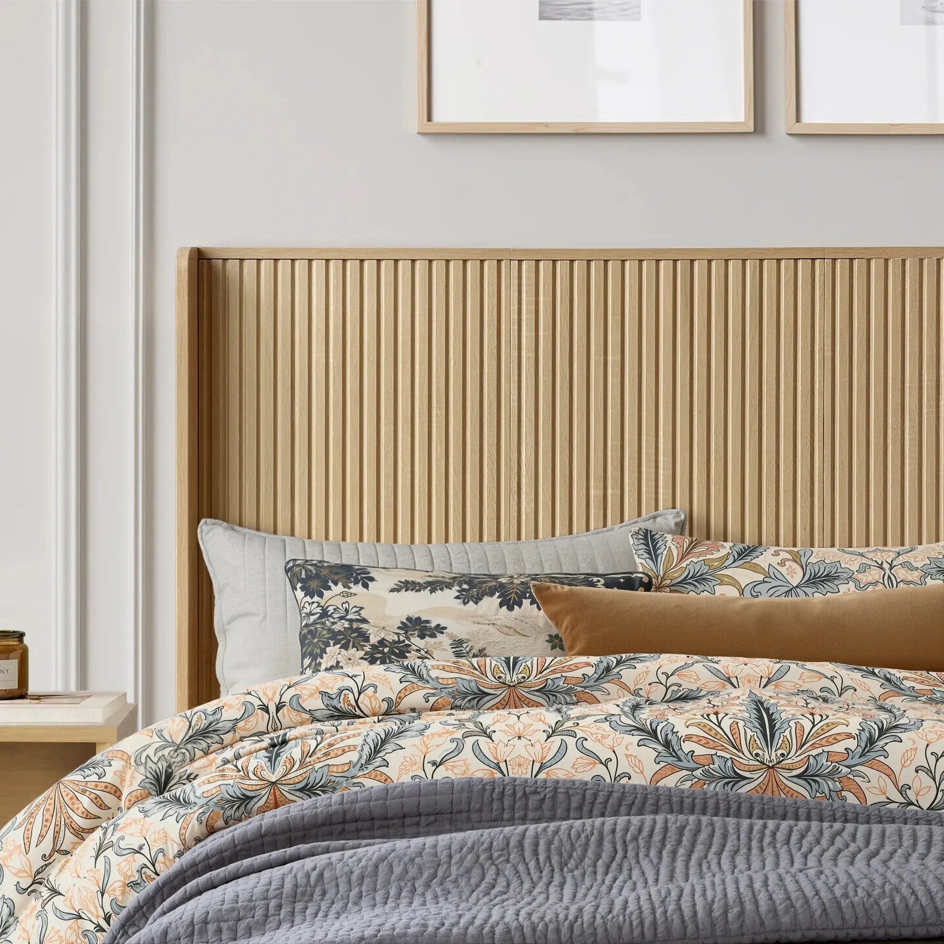 FORTUNETECModern Oak Fluted Queen Headboard with Wingback Panels – Farmhouse Style