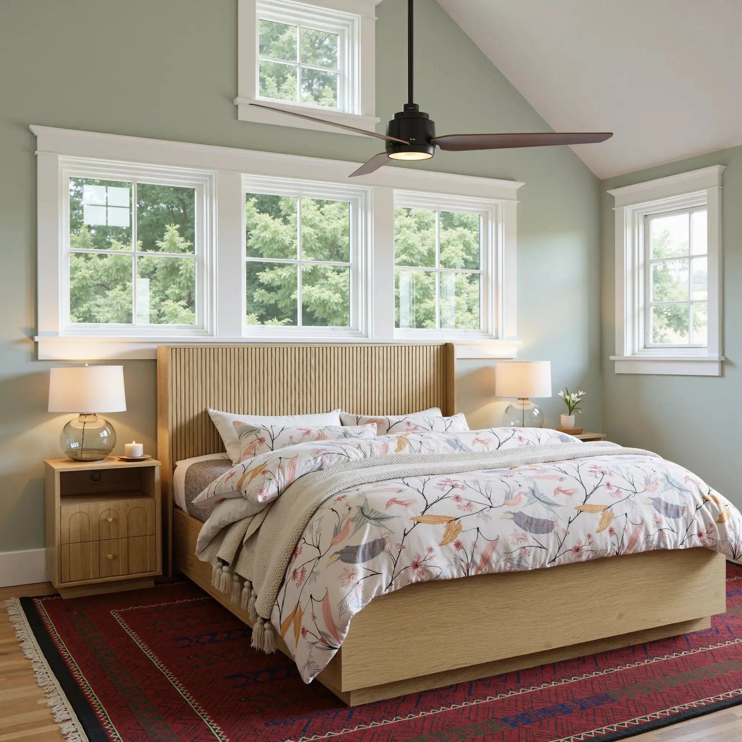 FORTUNETECModern Oak Fluted Queen Headboard with Wingback Panels – Farmhouse Style