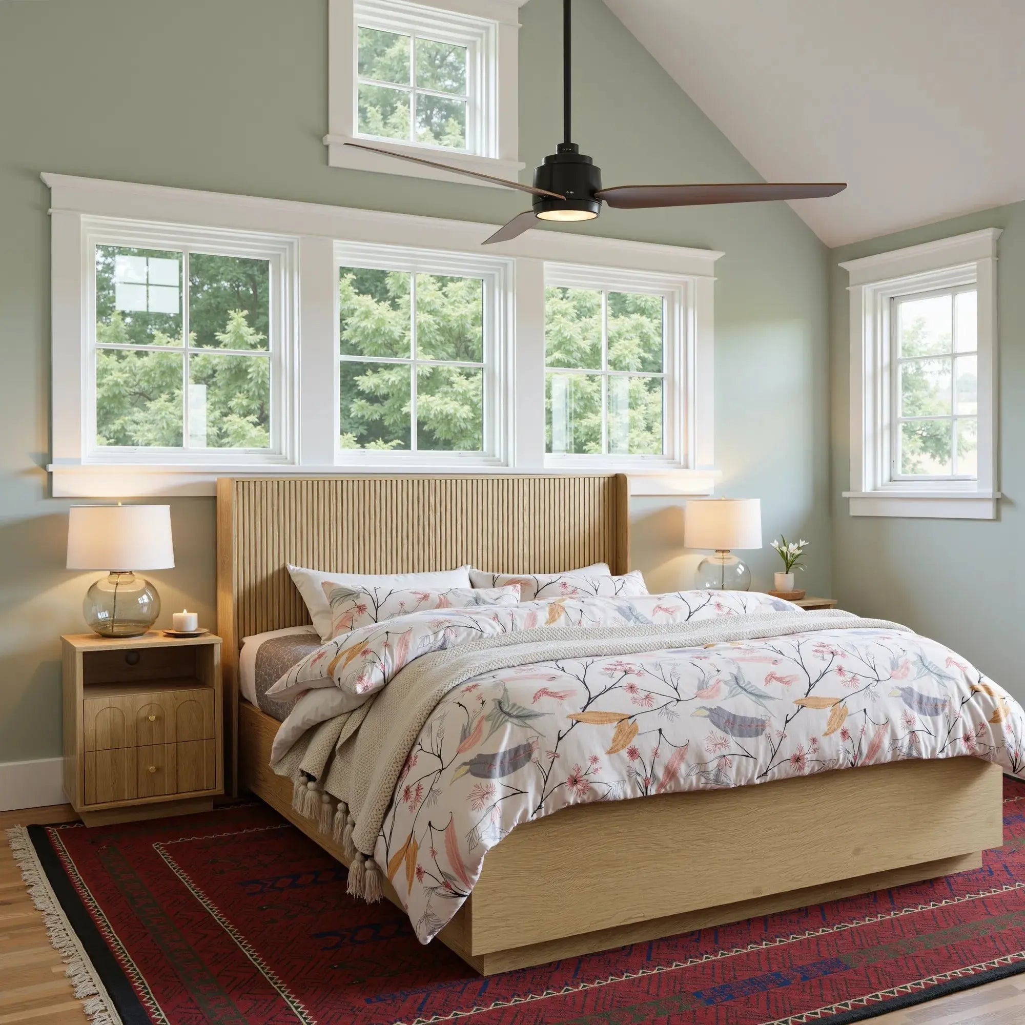 FORTUNETECModern Oak Fluted Queen Headboard with Wingback Panels – Farmhouse Style